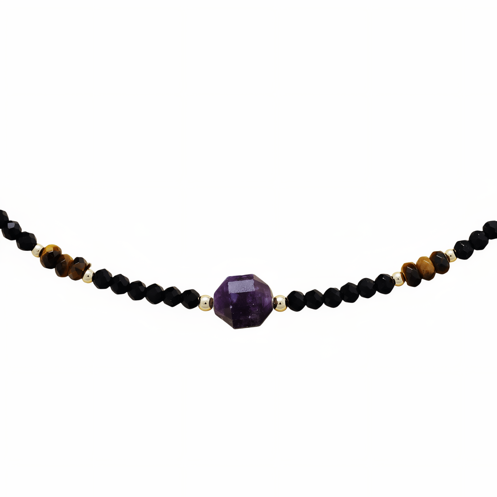 Collier élégant en pierres naturelles, onyx, améthyste et œil de tigre, style bohème chic