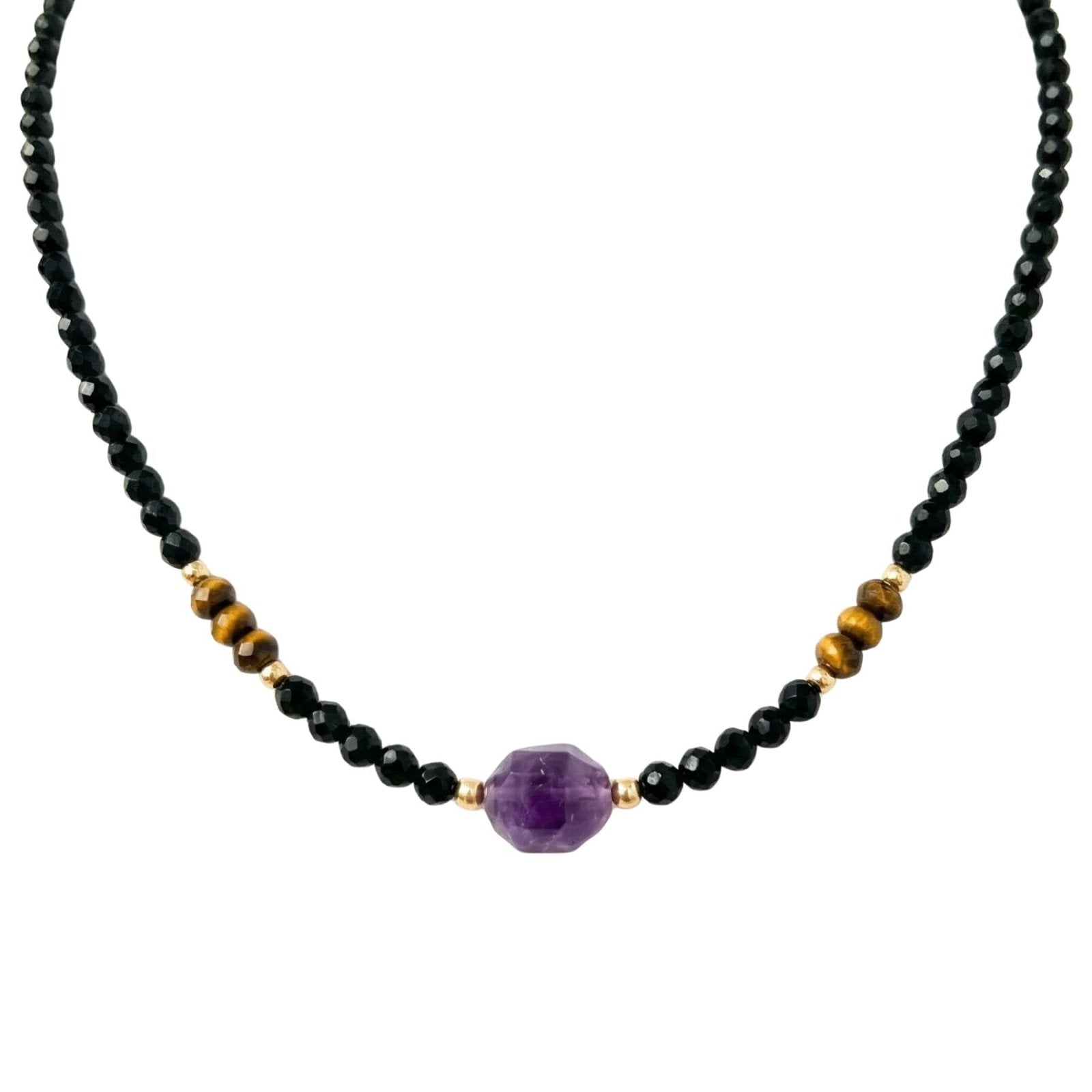 Collier élégant en pierres naturelles, onyx, améthyste et œil de tigre, style bohème chic