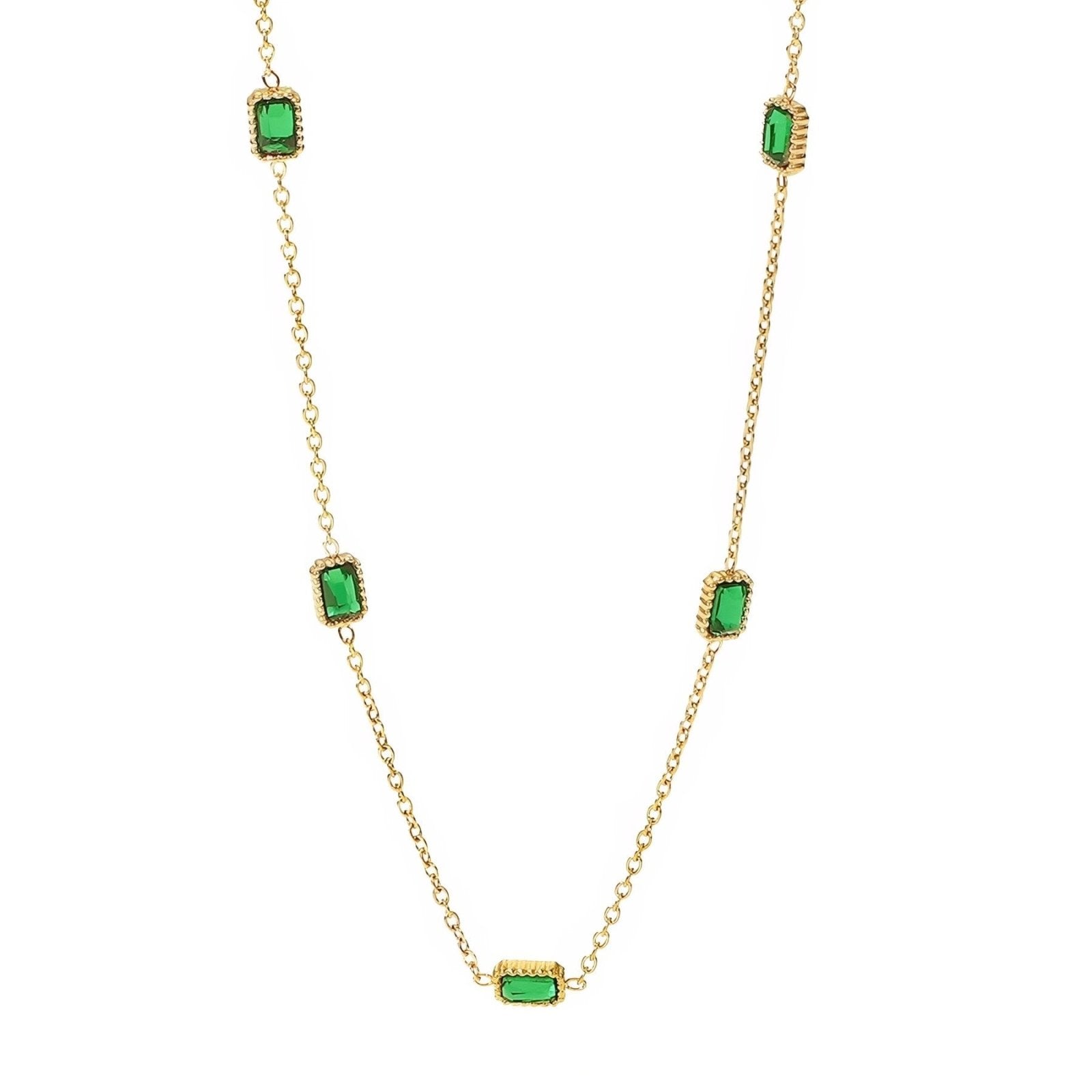 Collier élégant pour femme, avec pierres vertes façon émeraude, en acier inoxydable plaqué or