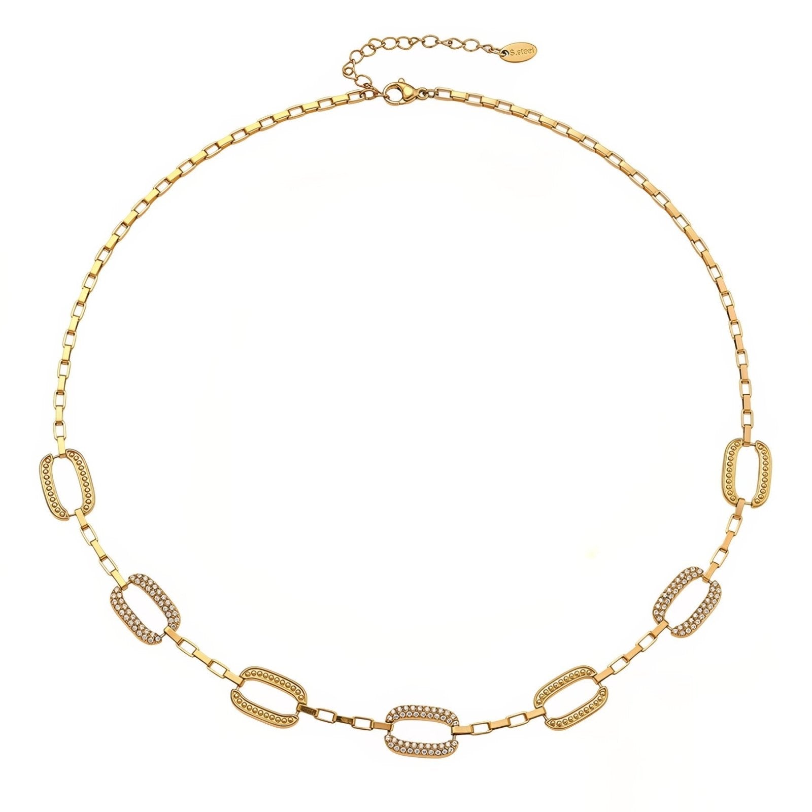 Collier élégant pour femme, maillons rectangulaires pavés de zircons blancs, en acier inoxydable