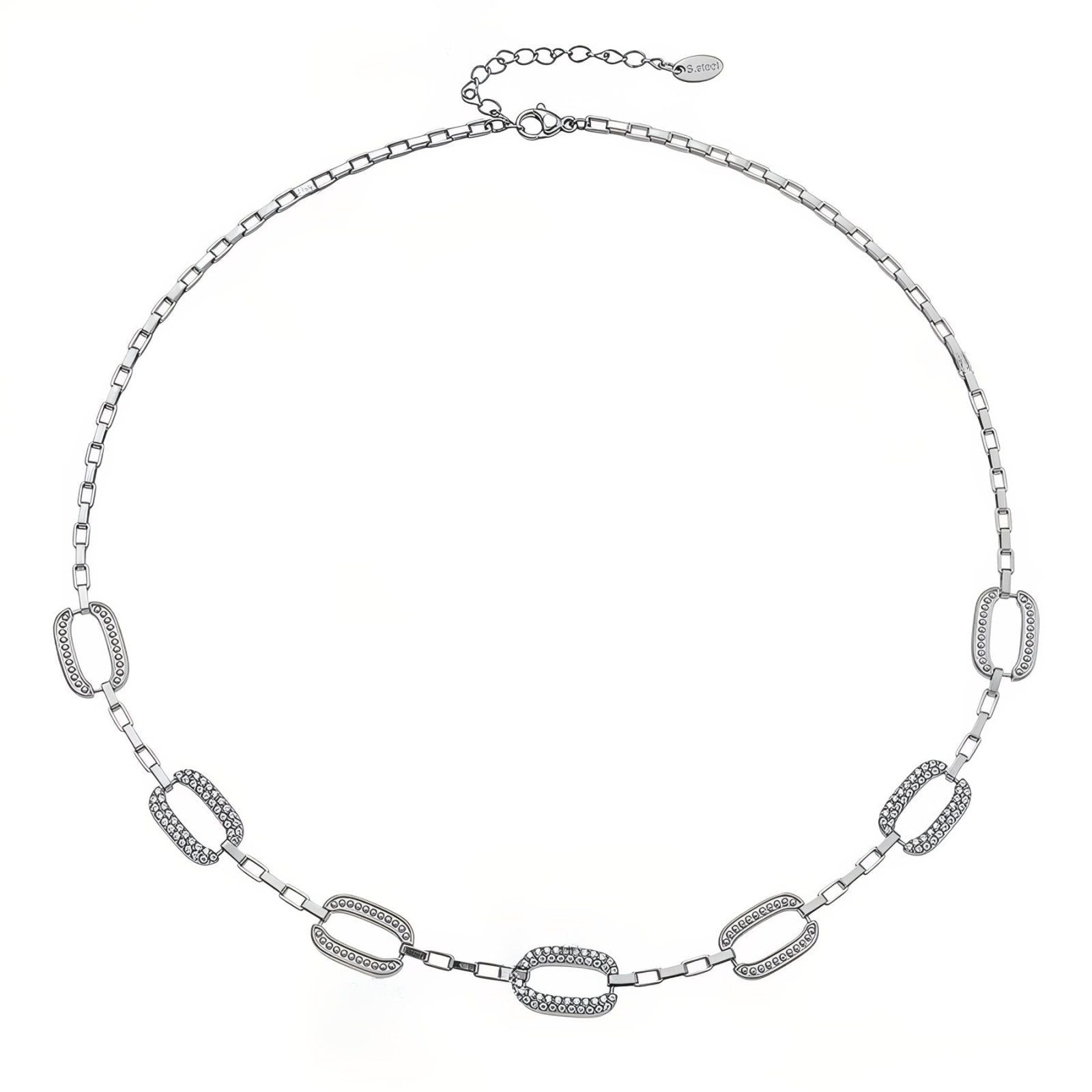 Collier élégant pour femme, maillons rectangulaires pavés de zircons blancs, en acier inoxydable