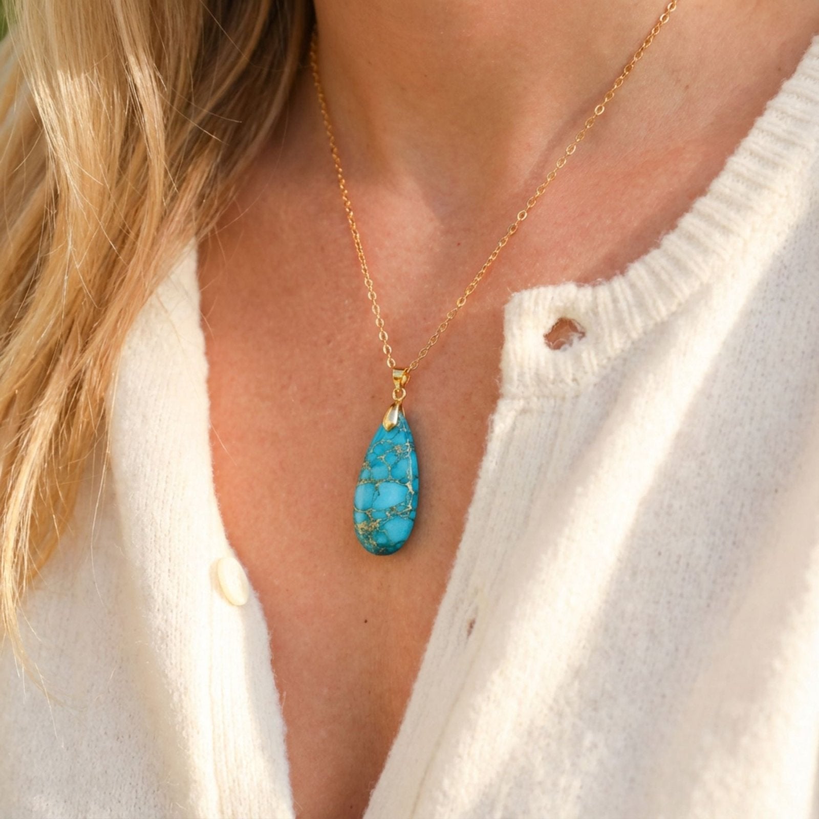 Collier élégant pour femme, pendentif goutte en pierre naturelle turquoise, chaîne or ou argent