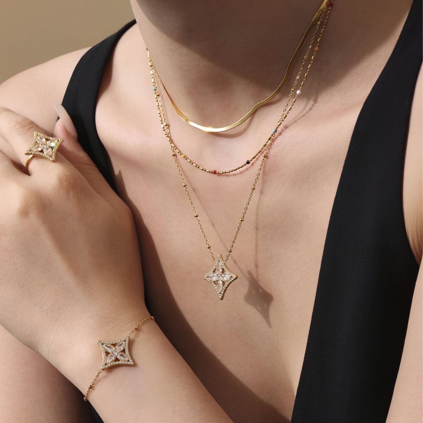 Collier élégant pour femme, pendentif losange pavé de zircon, acier inoxydable