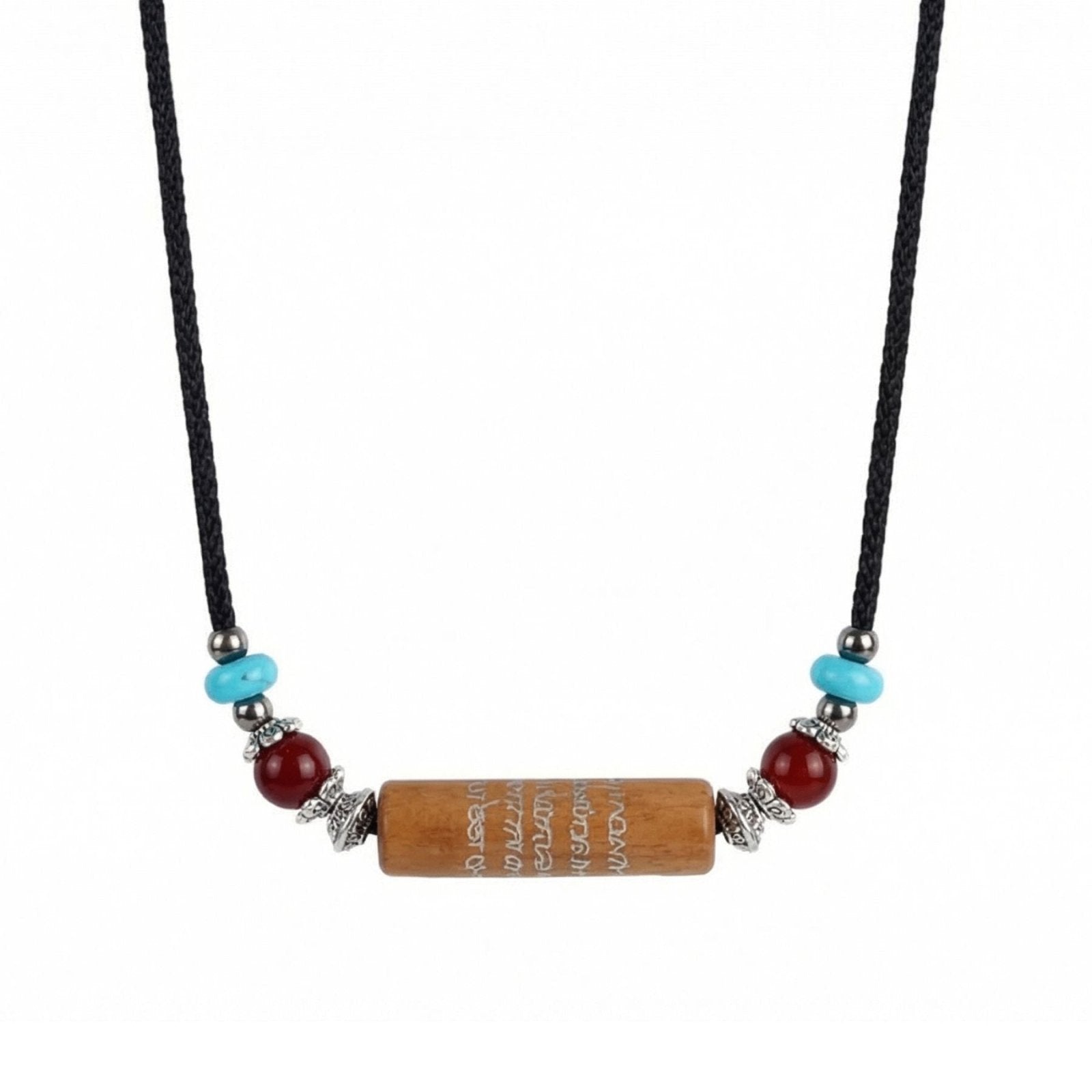 Collier en bois de jujubier naturel, avec pendentif cylindrique à cinq versets bibliques, style bohème
