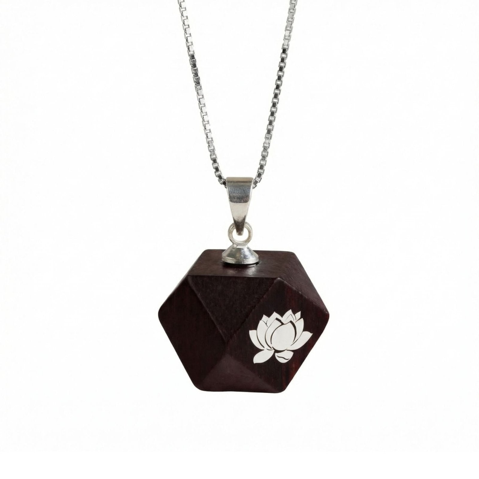 Collier en bois de santal et argent 925, avec pendentif géométrique fleur de lotus