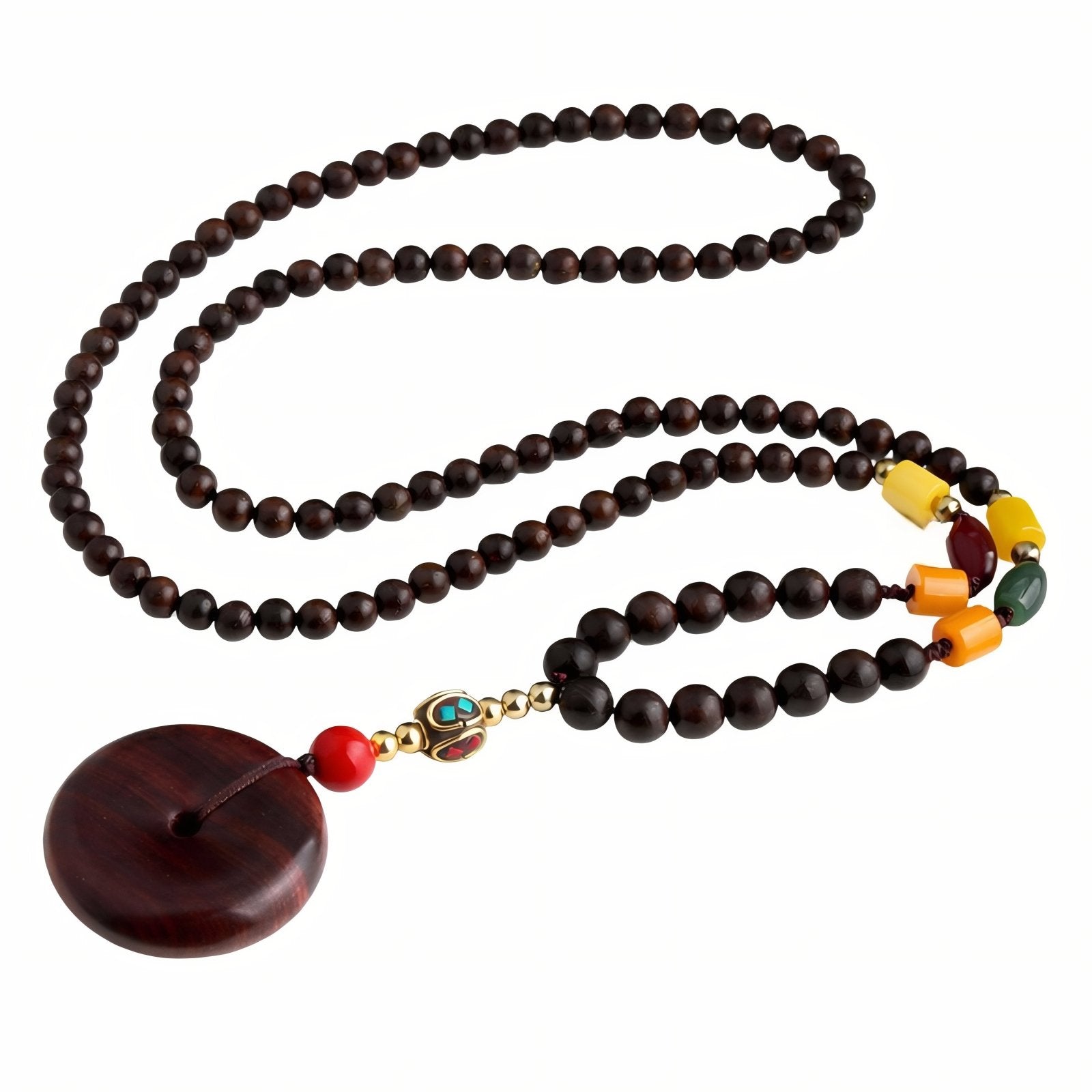 Collier en bois de santal rouge, avec pendentif rond, perles en bois, pierre naturel et alliage métallique
