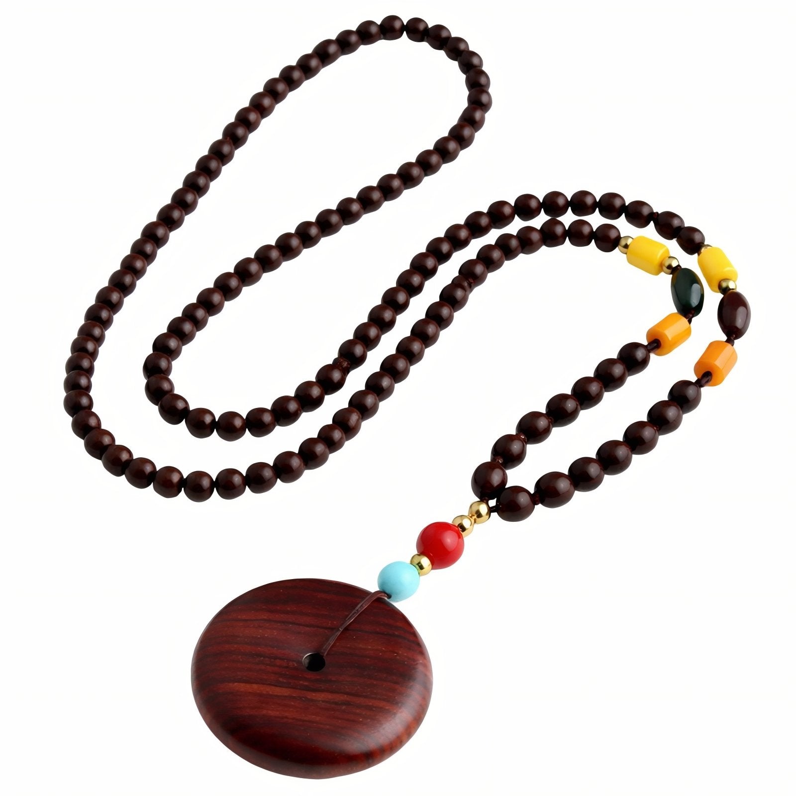 Collier en bois de santal rouge, avec pendentif rond, perles en bois, pierre naturel et alliage métallique