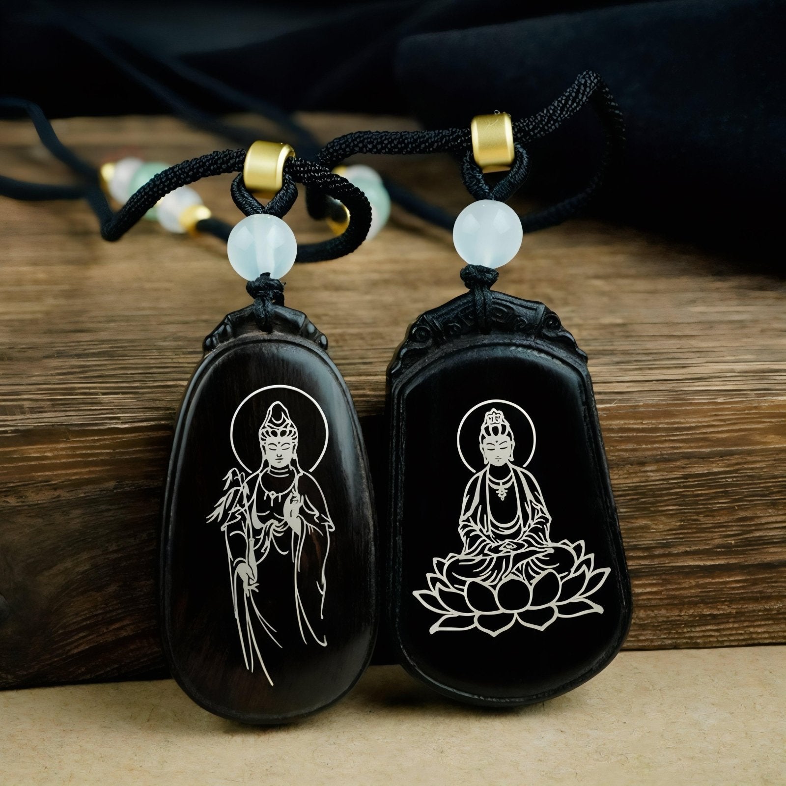 Collier en bois d'ébène naturel, avec pendentif Bouddha et Guanyin incrusté d'argent, cordon ajustable