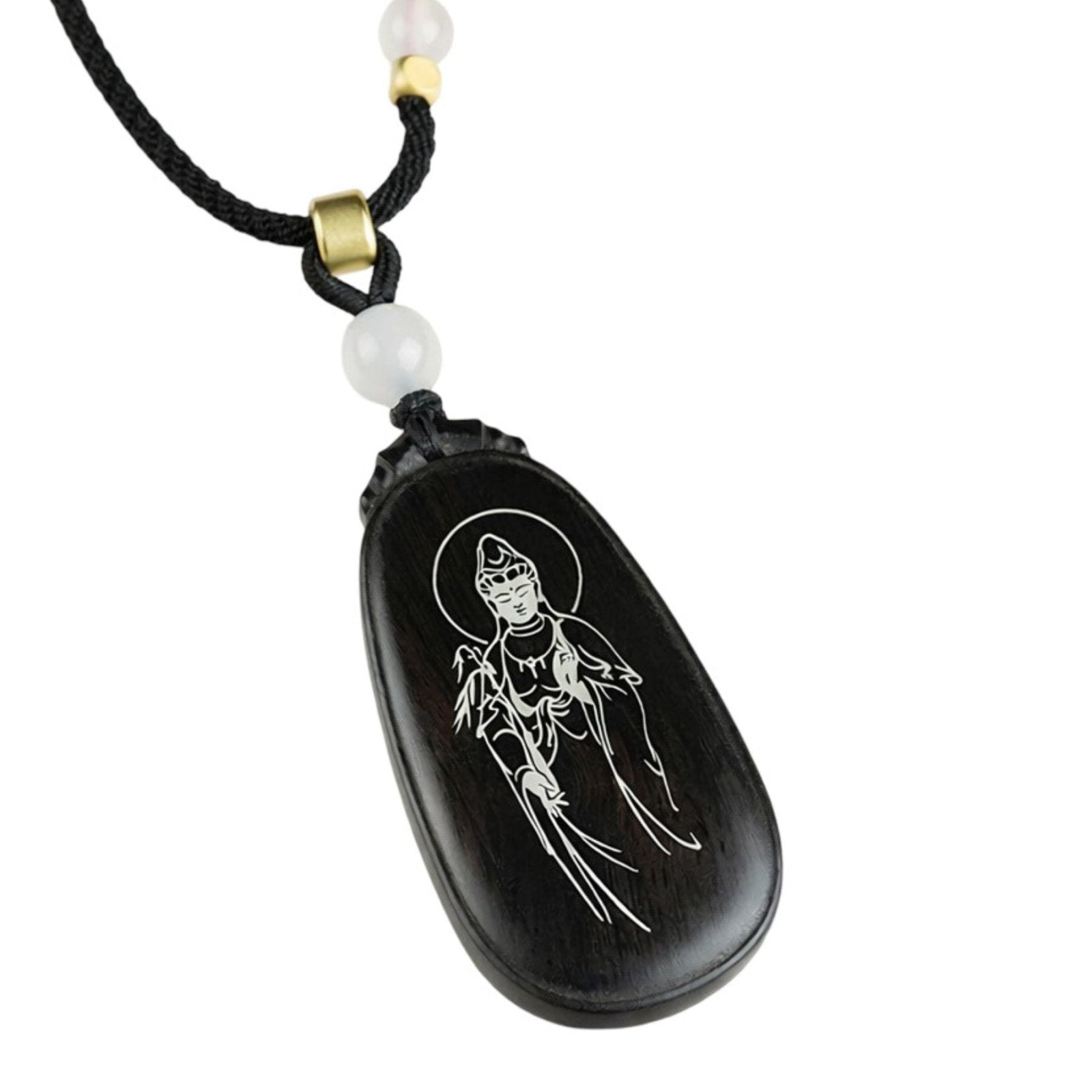 Collier en bois d'ébène naturel, avec pendentif Bouddha et Guanyin incrusté d'argent, cordon ajustable