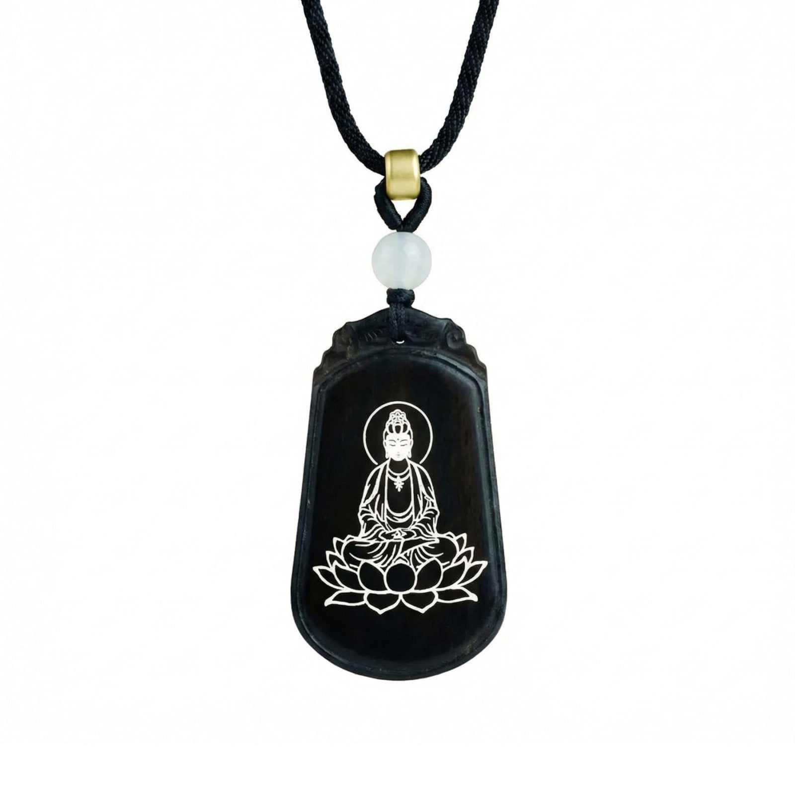 Collier en bois d'ébène naturel, avec pendentif Bouddha et Guanyin incrusté d'argent, cordon ajustable