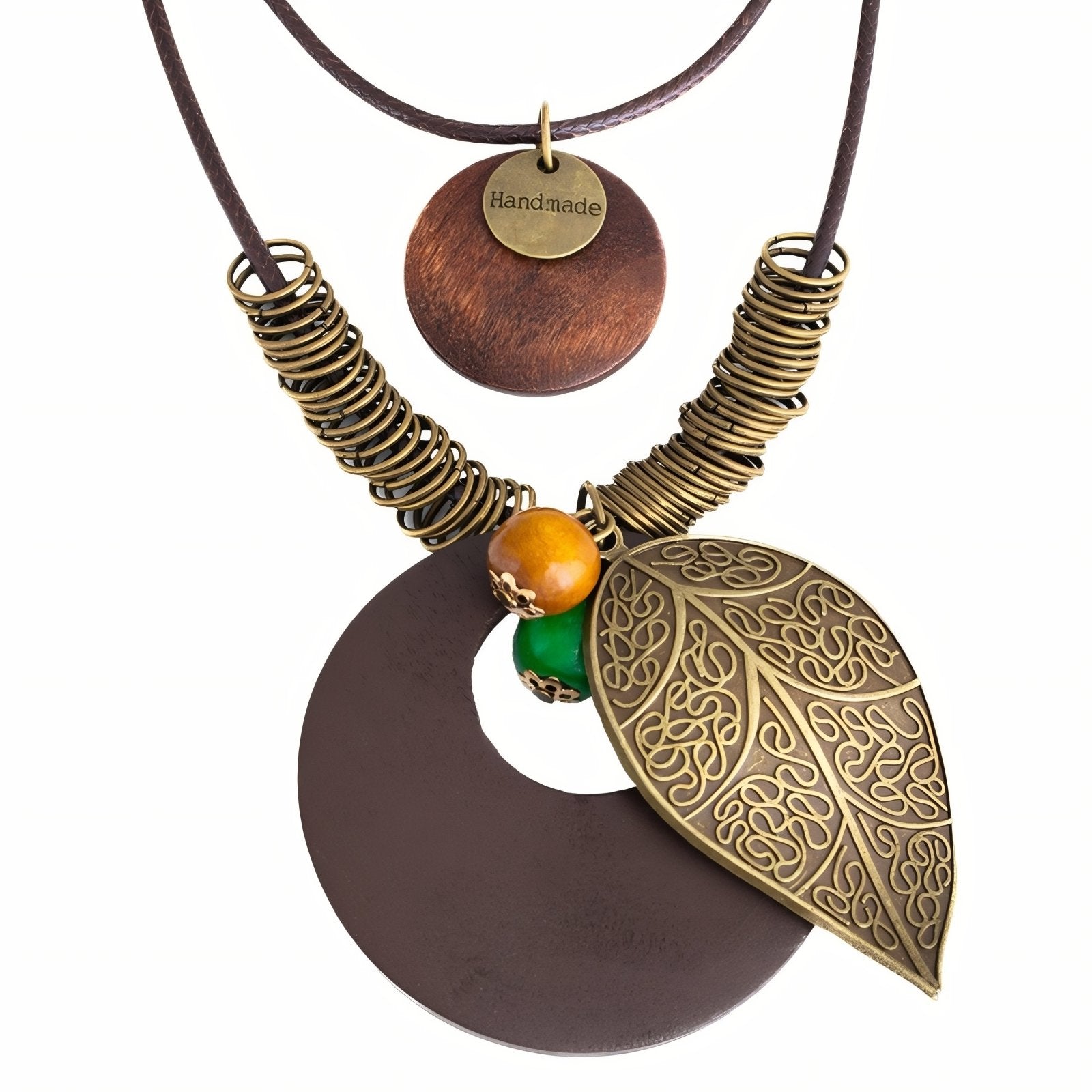 Collier en bois double rang, avec pendentif feuille et perles, en alliage de zinc, style bohème