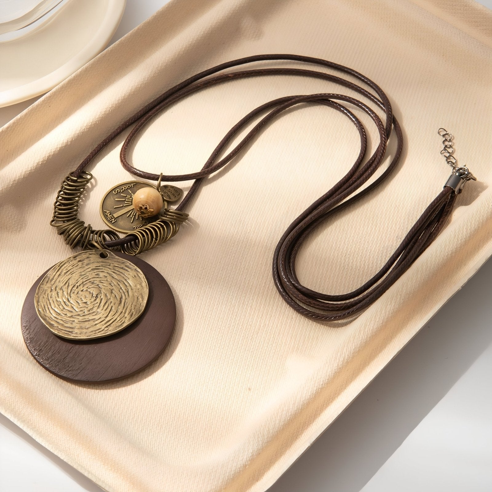 Collier en bois double rang, avec pendentif rond ethnique, en alliage de zinc, style bohème