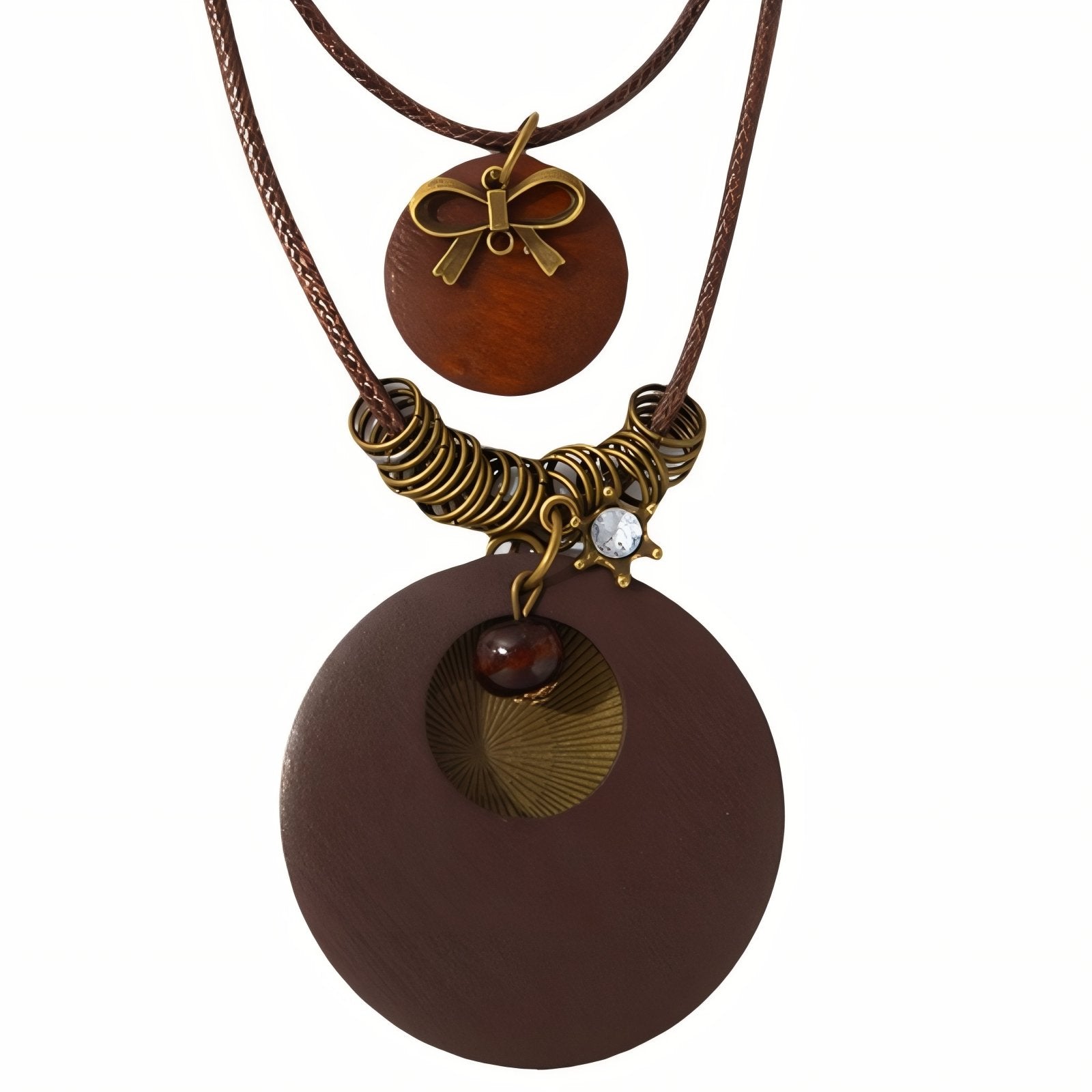Collier en bois double rang, avec pendentif trèfle, en alliage de zinc, style bohème