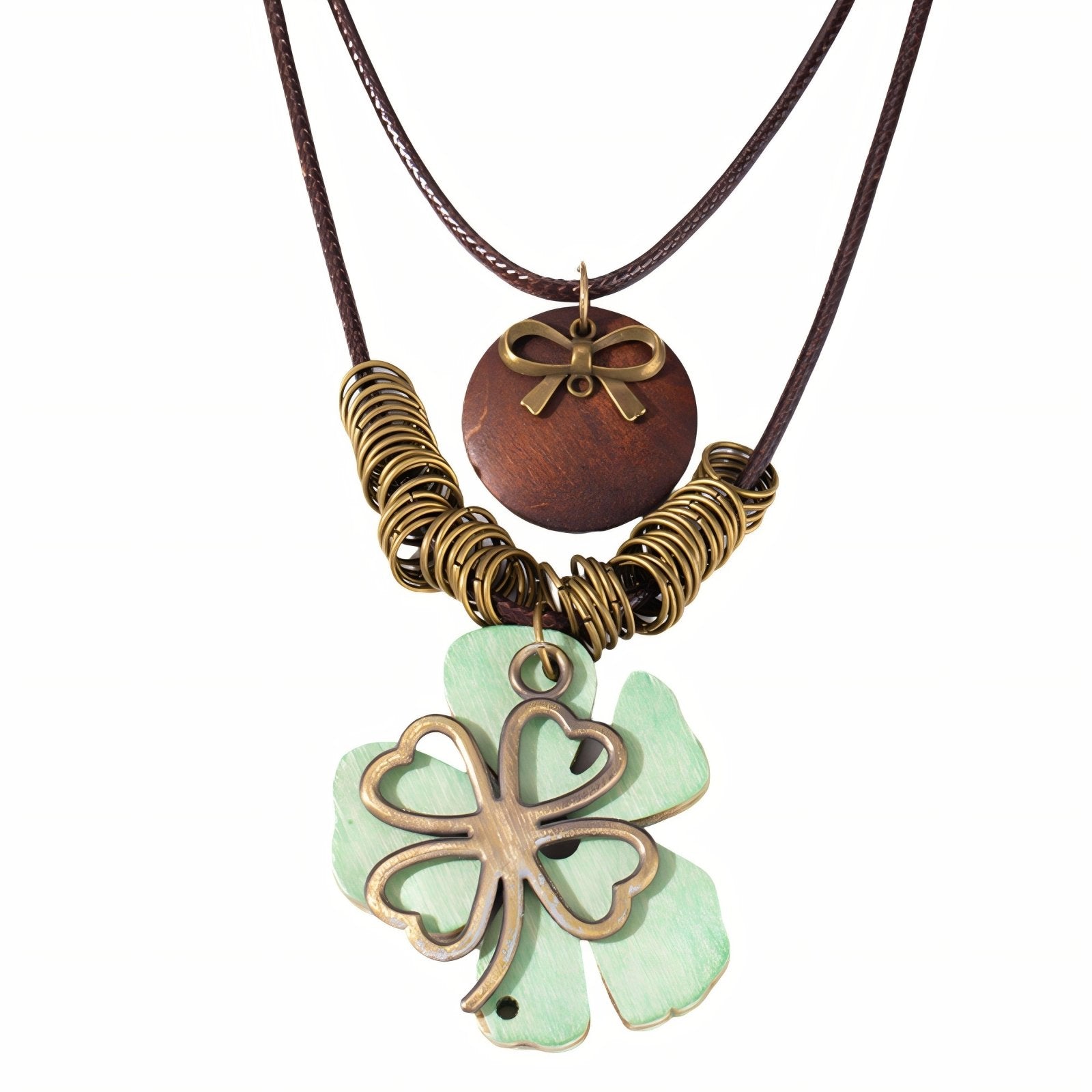 Collier en bois double rang, avec pendentif trèfle, en alliage de zinc, style bohème