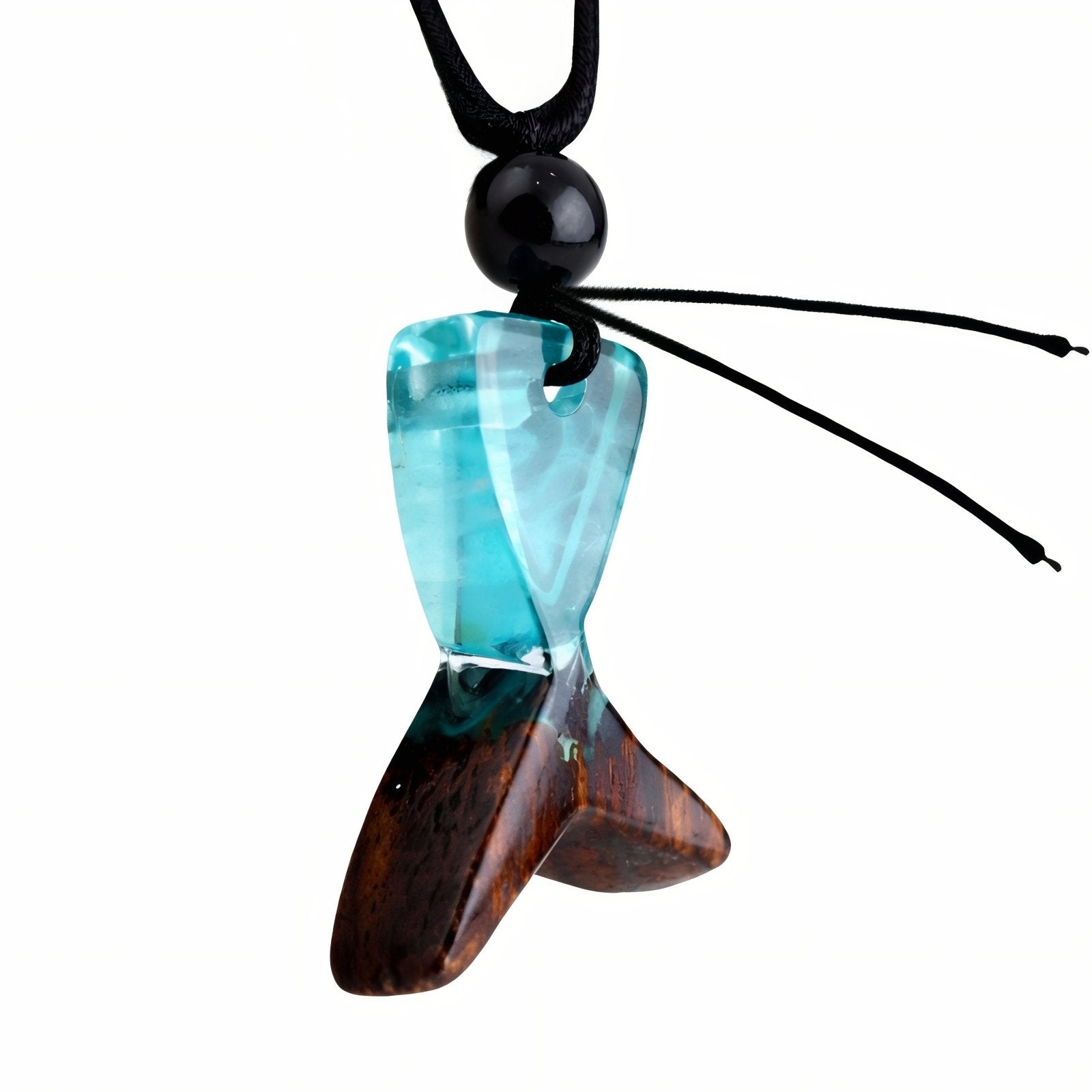 Collier en bois et résine, avec pendentif au design nageoire de poisson, style artistique
