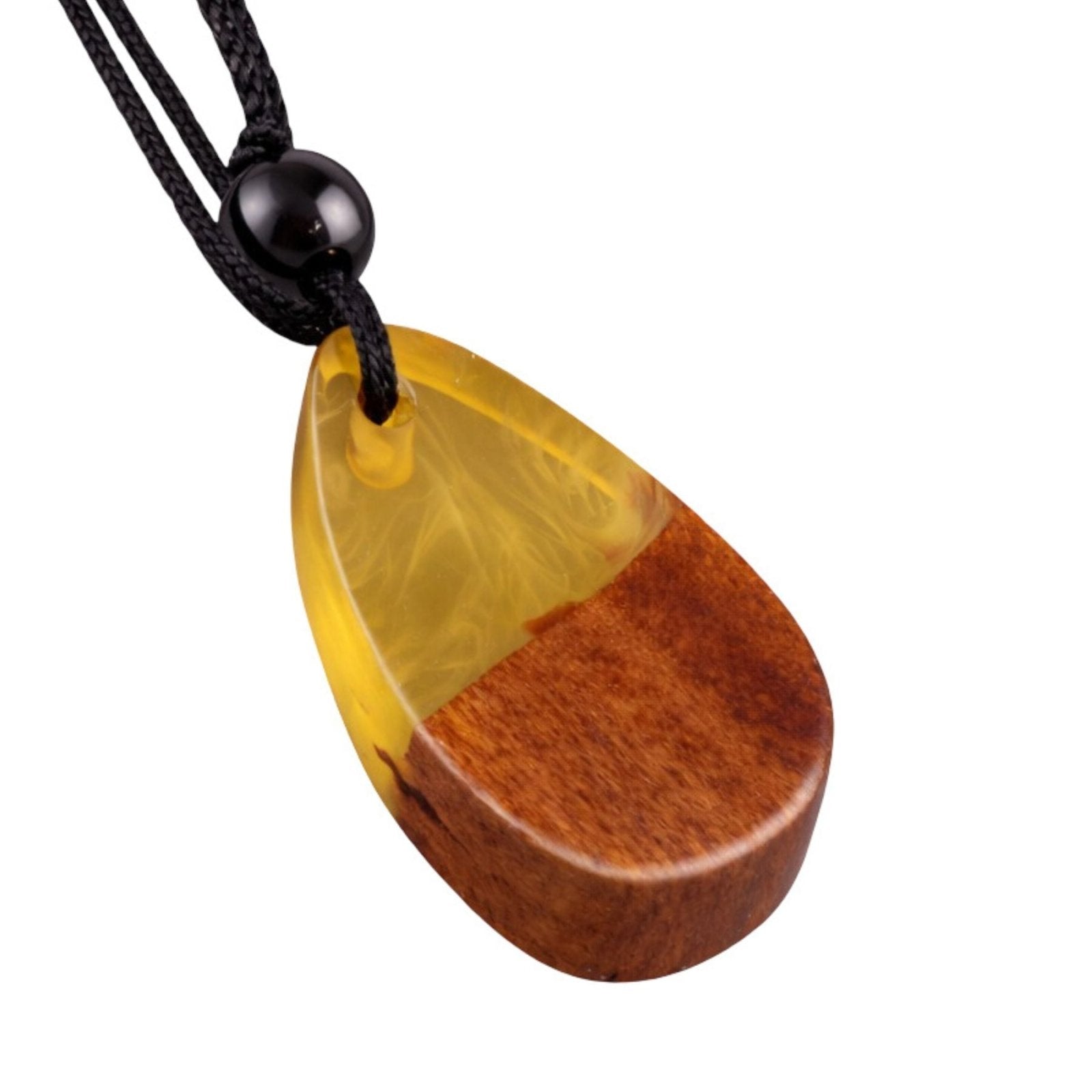 Collier en bois et résine, avec pendentif goutte et cordon ajustable, style bohème