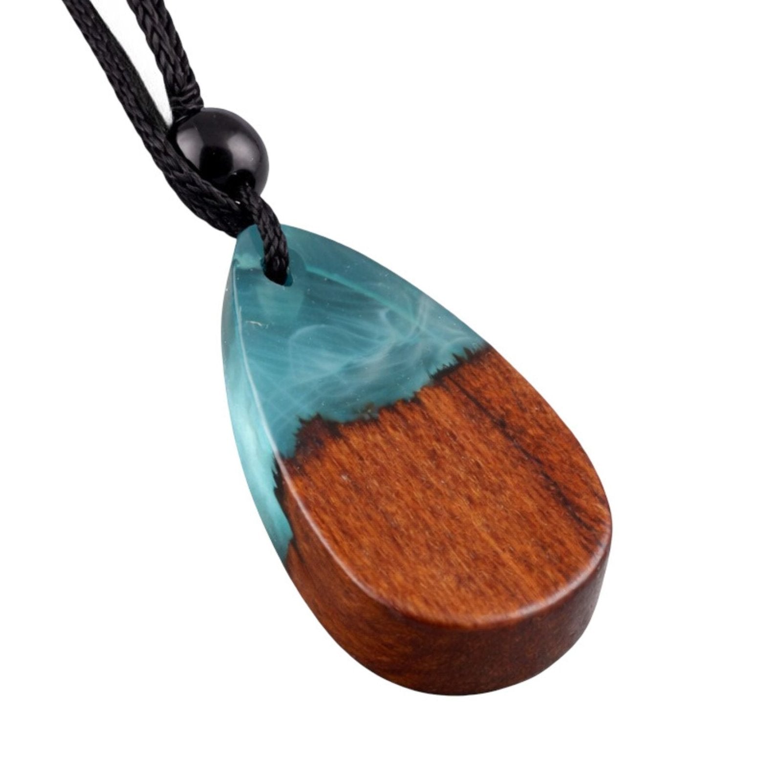 Collier en bois et résine, avec pendentif goutte et cordon ajustable, style bohème