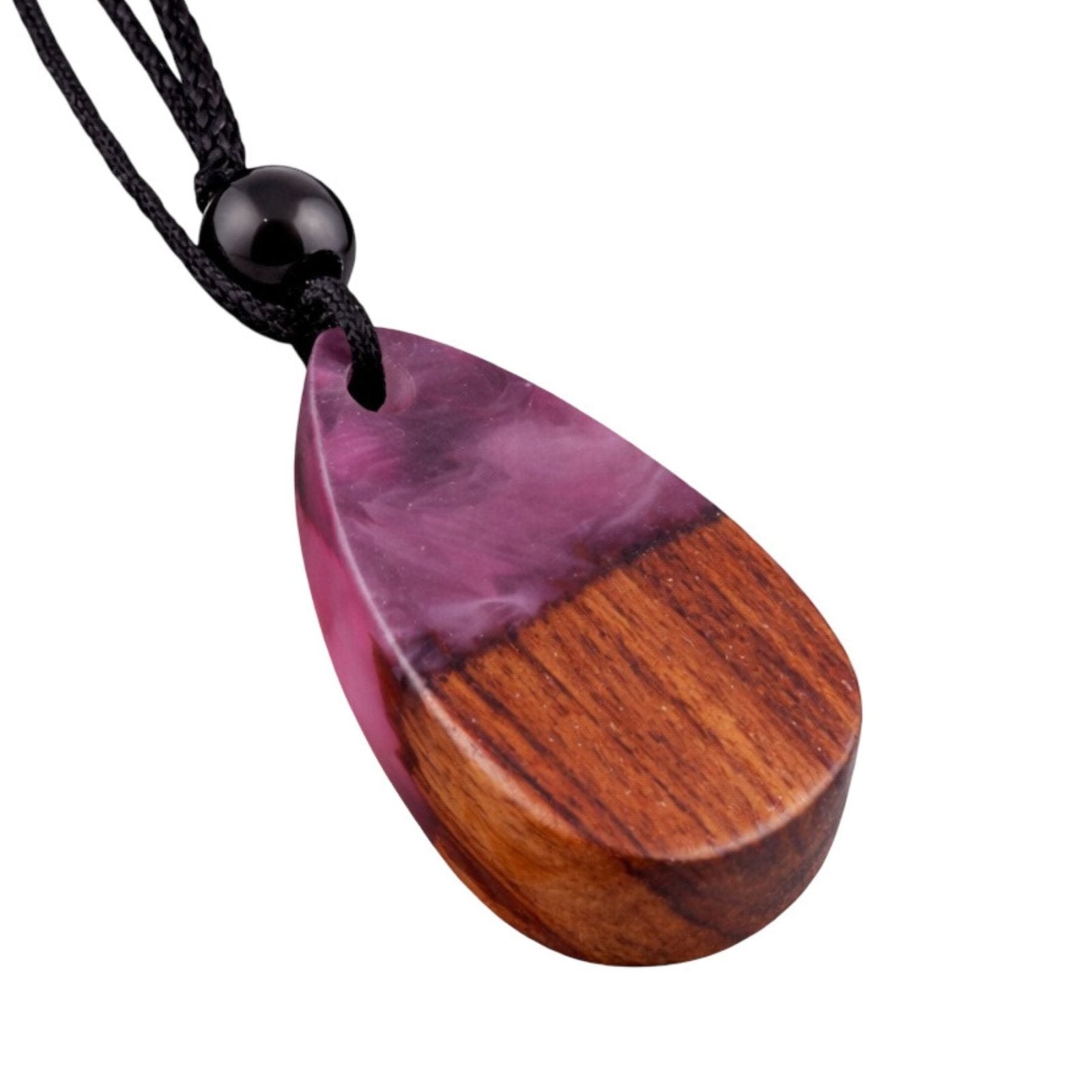 Collier en bois et résine, avec pendentif goutte et cordon ajustable, style bohème