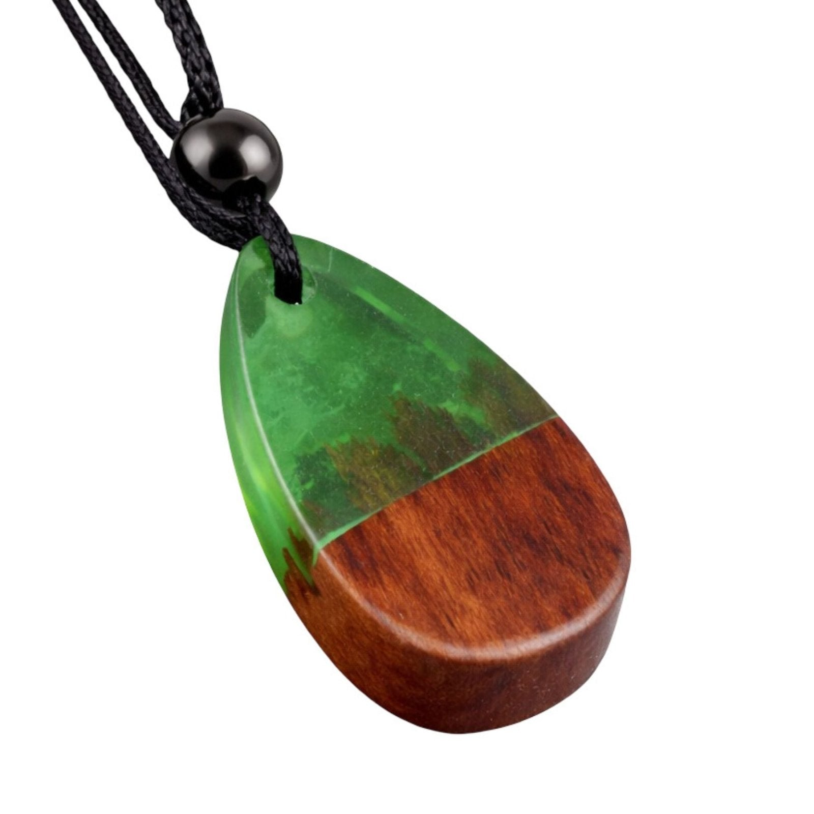 Collier en bois et résine, avec pendentif goutte et cordon ajustable, style bohème