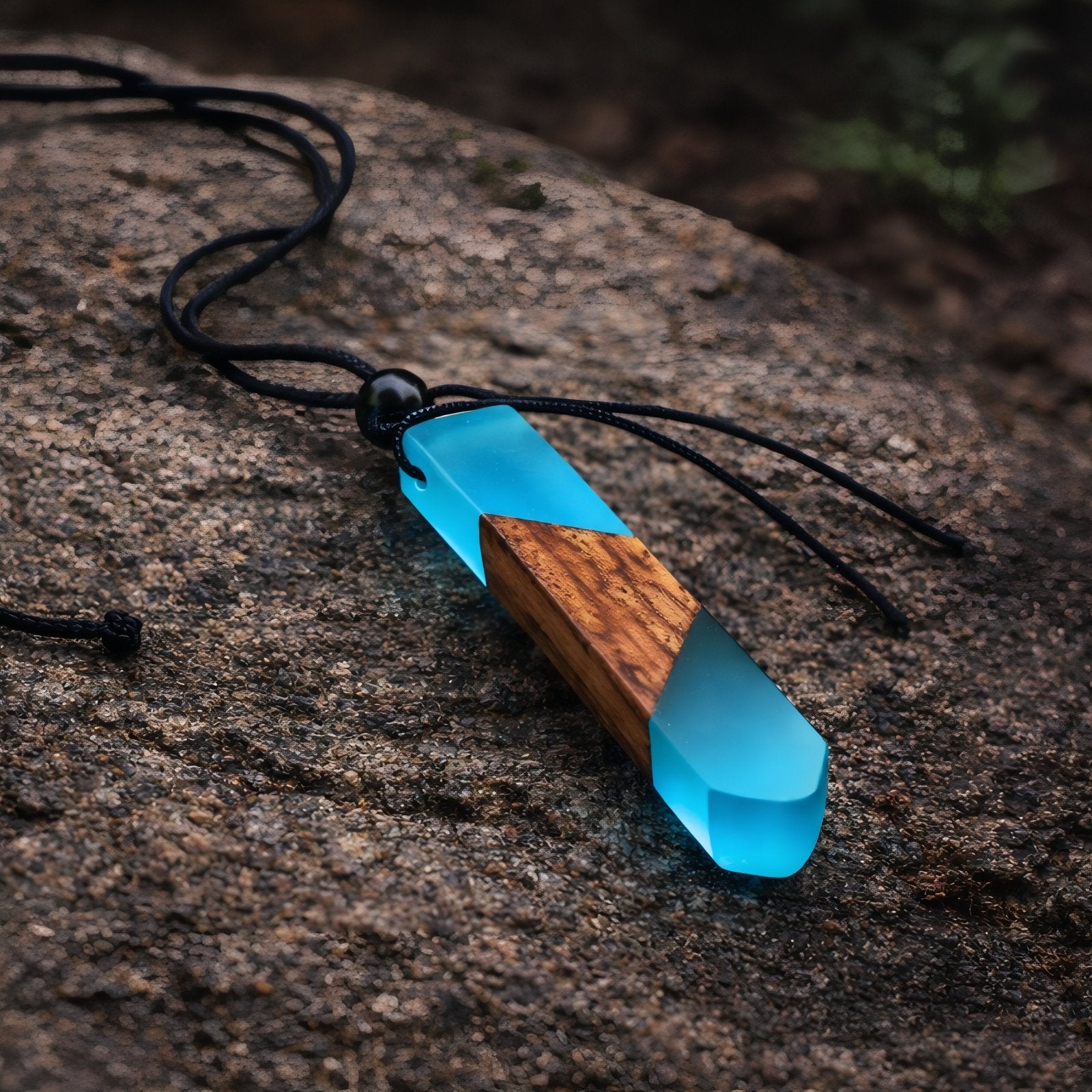 Collier en bois et résine bleue, avec pendentif géométrique et cordon ajustable, style moderne
