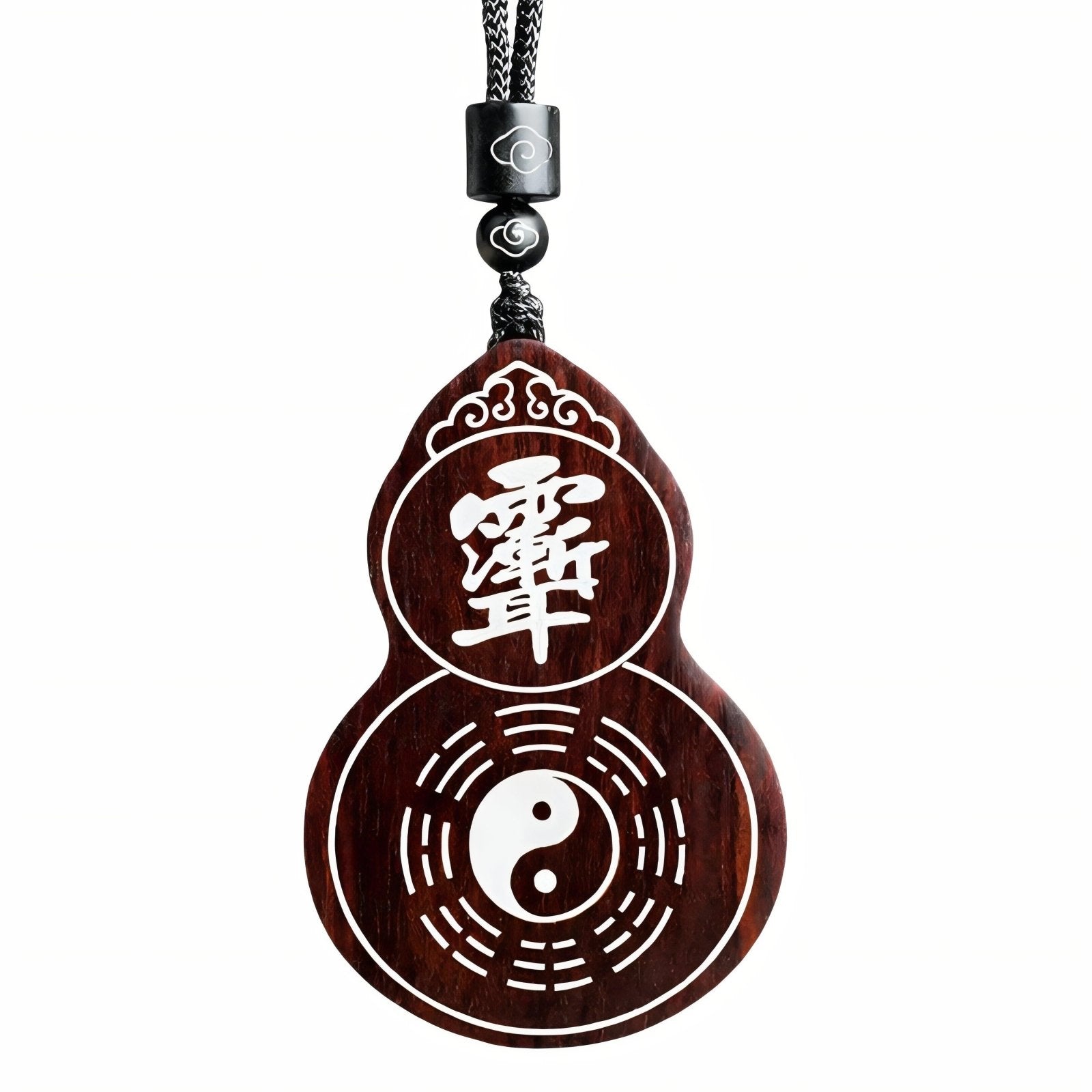 Collier en bois naturel, avec pendentif en forme de gourde orné de motifs taoïstes Bagua en argent, cordon ajustable