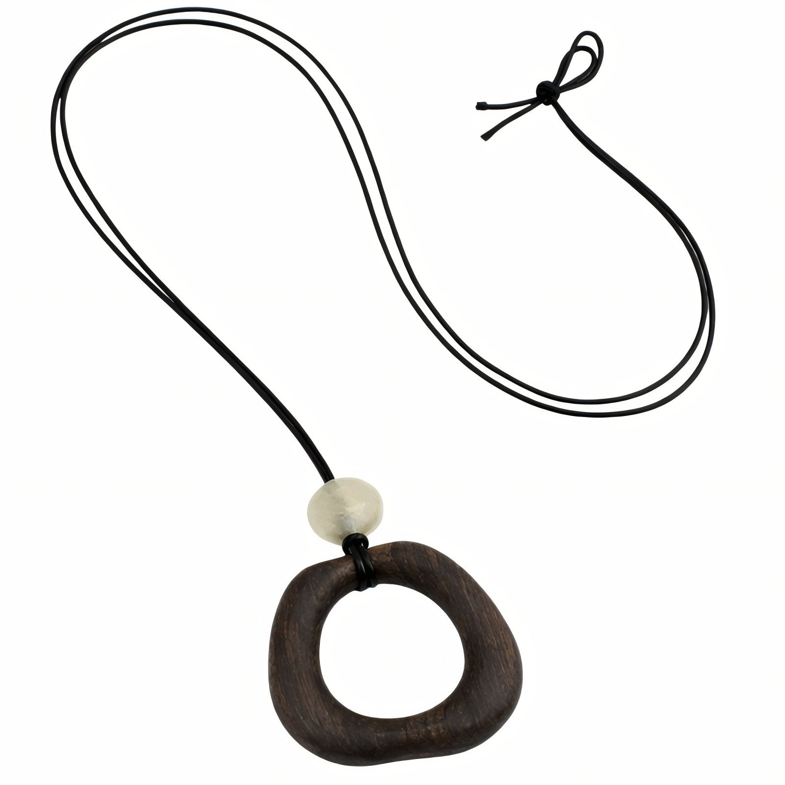 Collier en bois naturel, avec pendentif géométrique ajouré et perle blanche, cordon noir