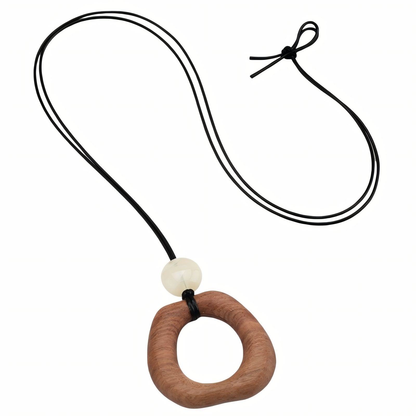 Collier en bois naturel, avec pendentif géométrique ajouré et perle blanche, cordon noir
