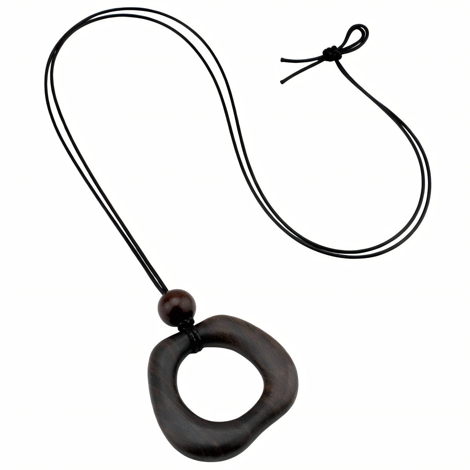 Collier en bois naturel, avec pendentif géométrique ajouré et perle en bois, cordon noir