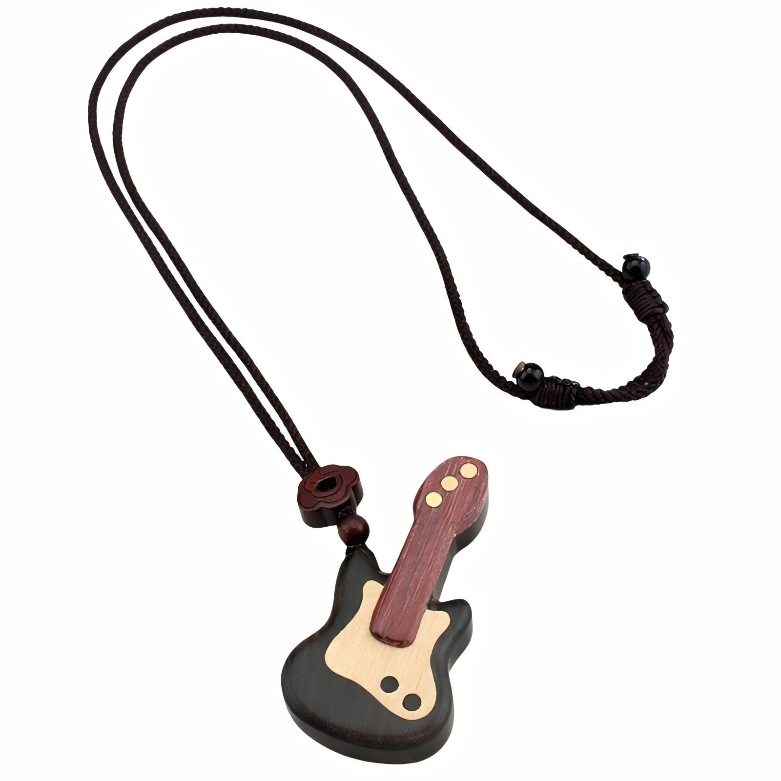 Collier en bois naturel, avec pendentif guitare et perle en bois, cordon noir ajustable