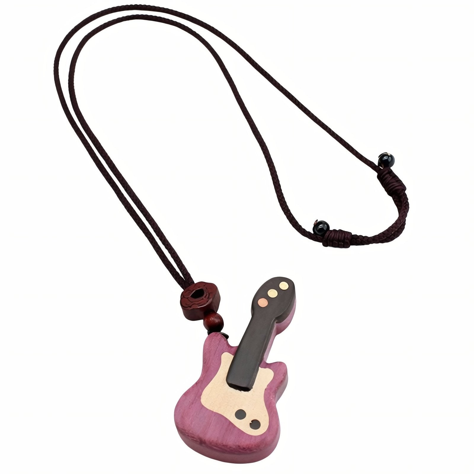 Collier en bois naturel, avec pendentif guitare et perle en bois, cordon noir ajustable