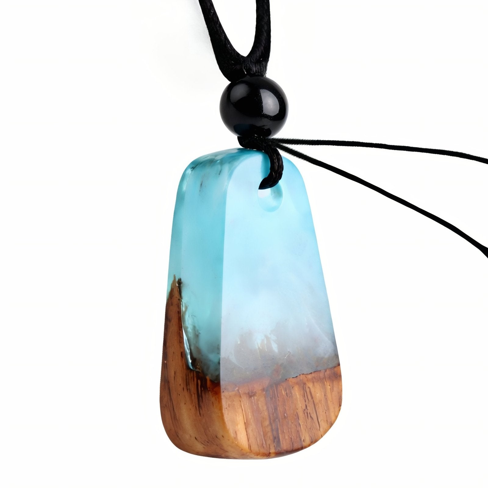 Collier en bois naturel et résine, avec pendentif artistique et cordon ajustable, création artisanale