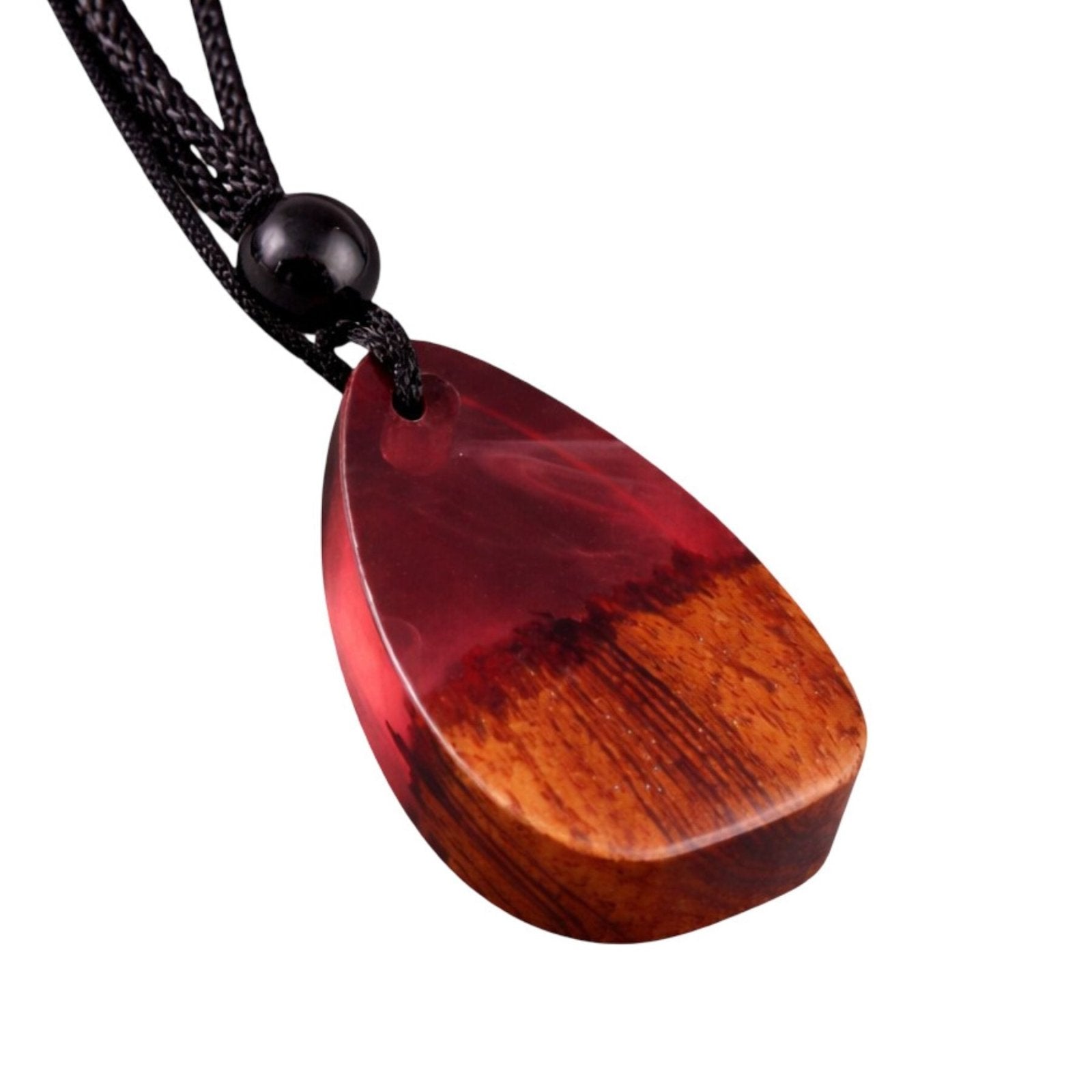 Collier en bois naturel et résine, avec pendentif en forme de goutte et cordon ajustable, style artisanal