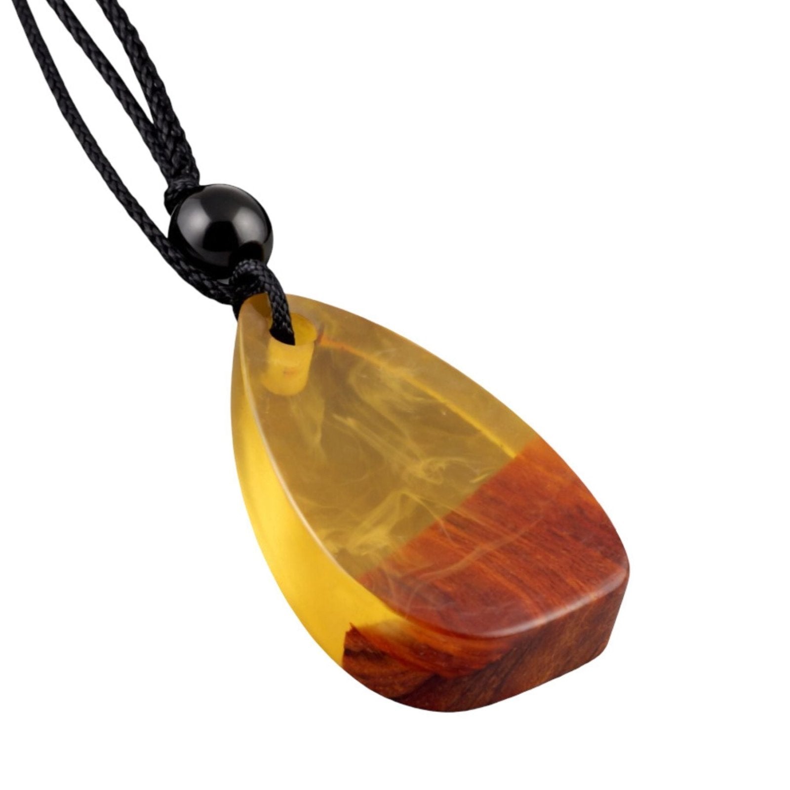 Collier en bois naturel et résine, avec pendentif en forme de goutte et cordon ajustable, style artisanal