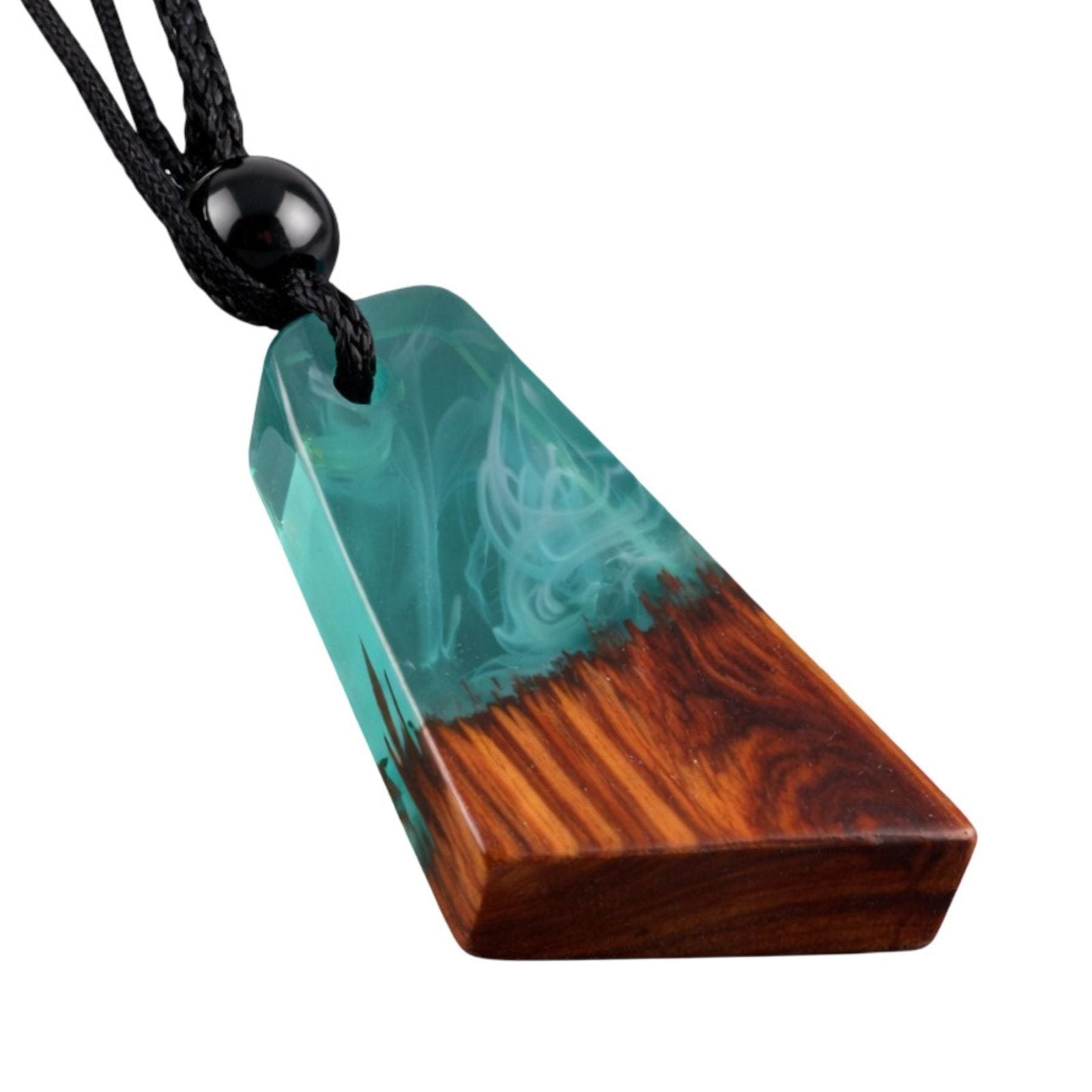 Collier en bois naturel et résine colorée, avec pendentif géométrique, style artisanal