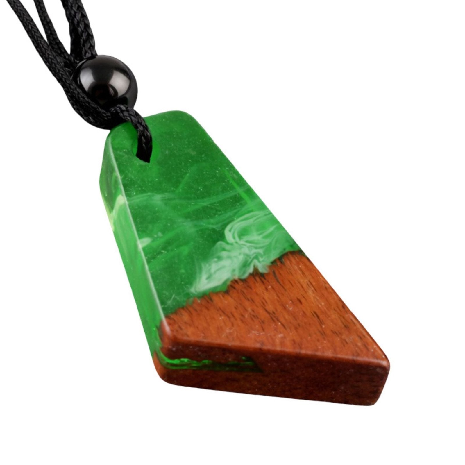 Collier en bois naturel et résine colorée, avec pendentif géométrique, style artisanal