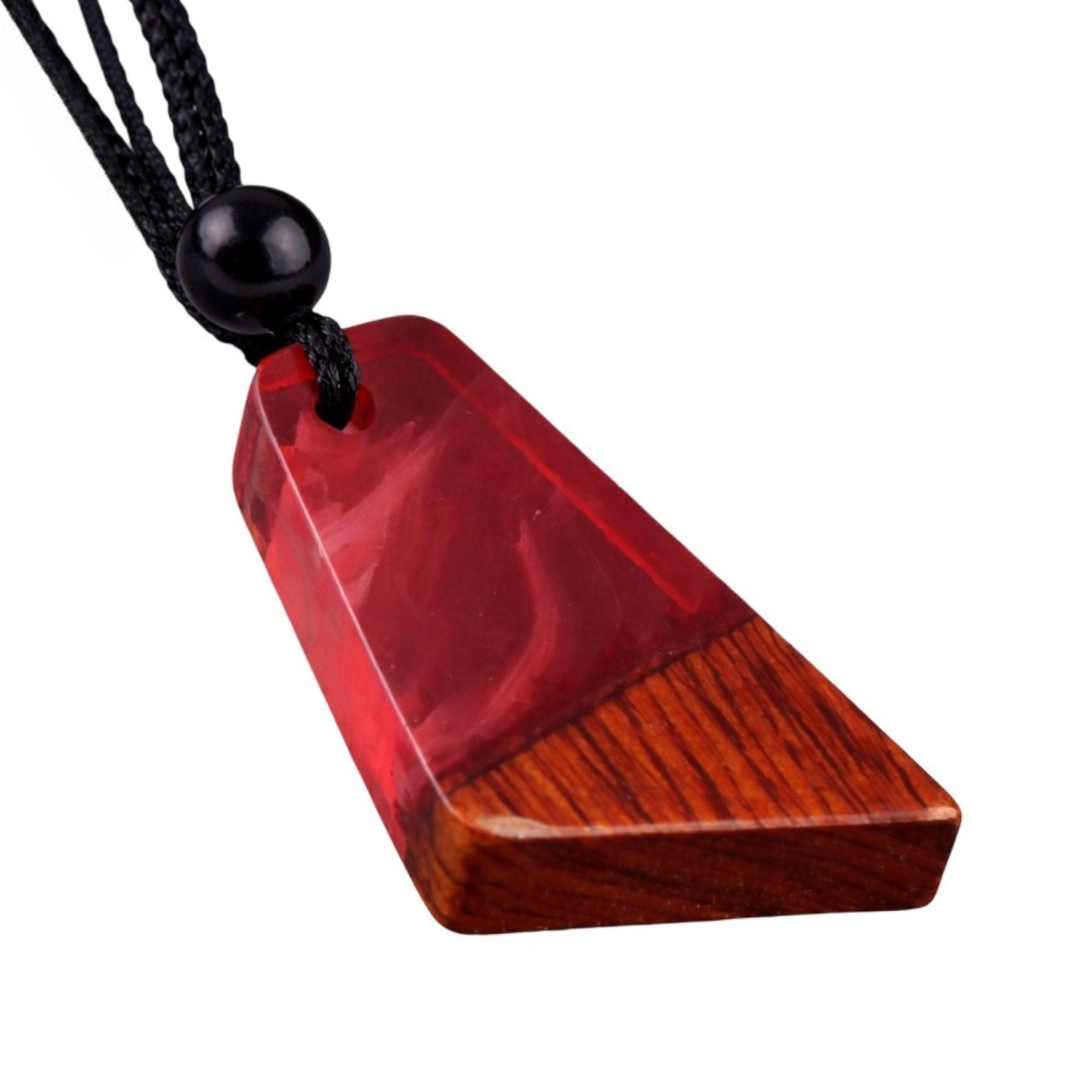 Collier en bois naturel et résine colorée, avec pendentif géométrique, style artisanal