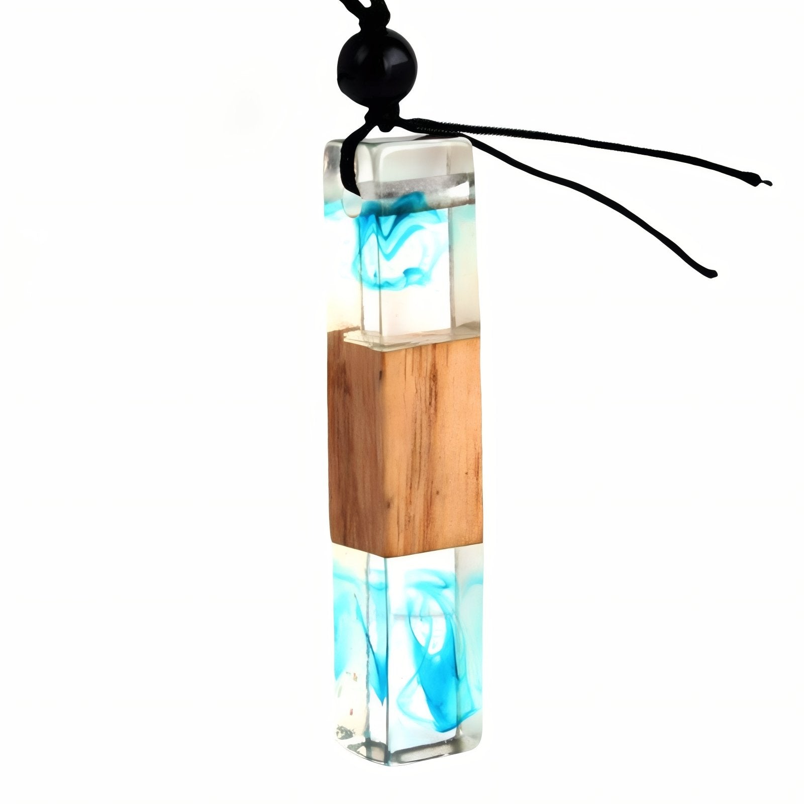 Collier en bois naturel et résine colorée, avec pendentif rectangulaire, fait main