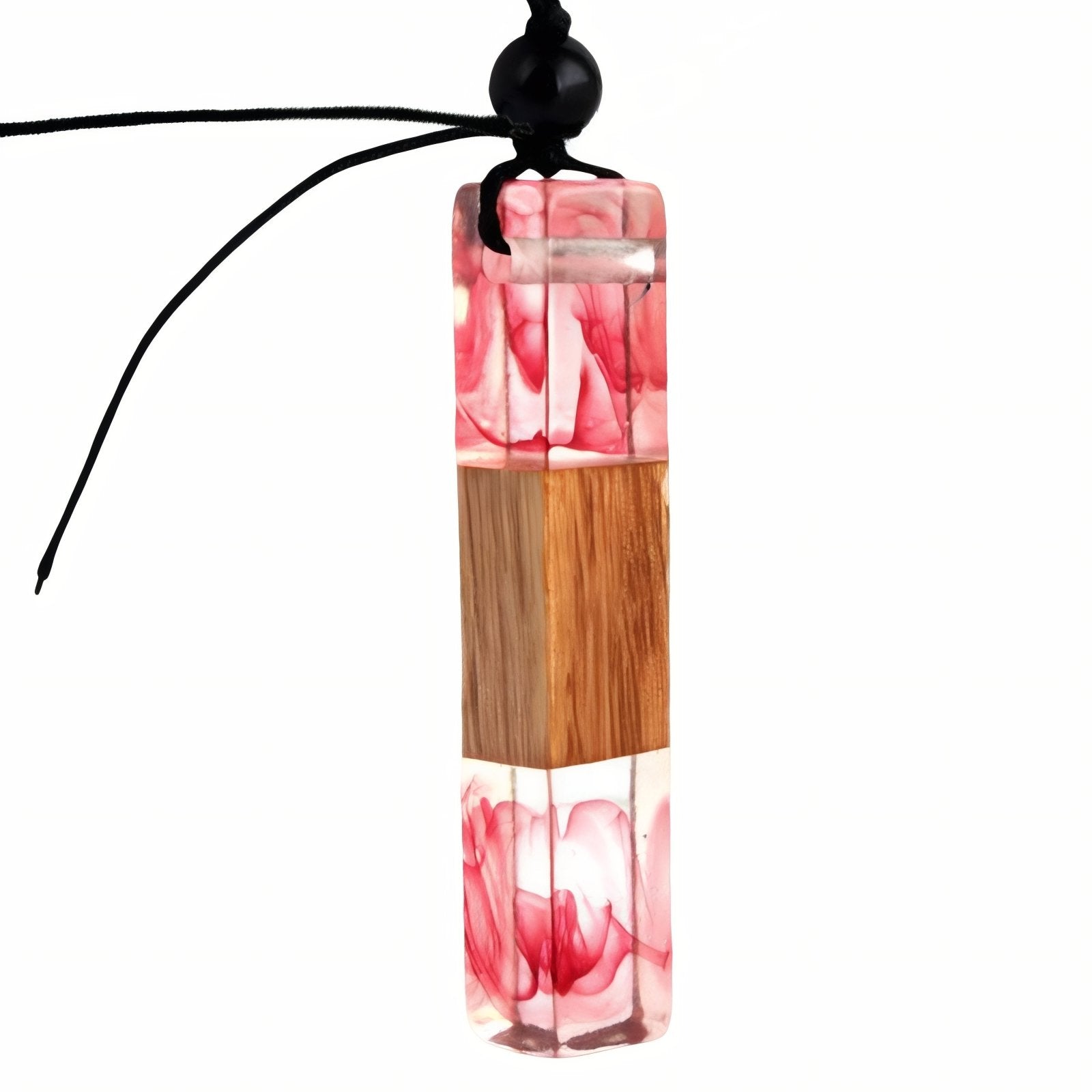 Collier en bois naturel et résine colorée, avec pendentif rectangulaire, fait main