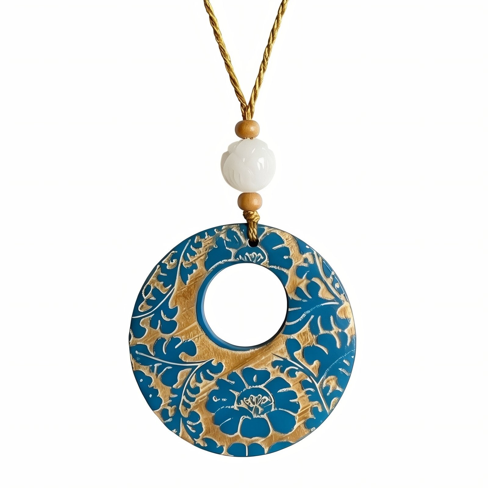 Collier en bois naturel pour femme, avec pendentif rond floral, perles en bois et cordon ajustable