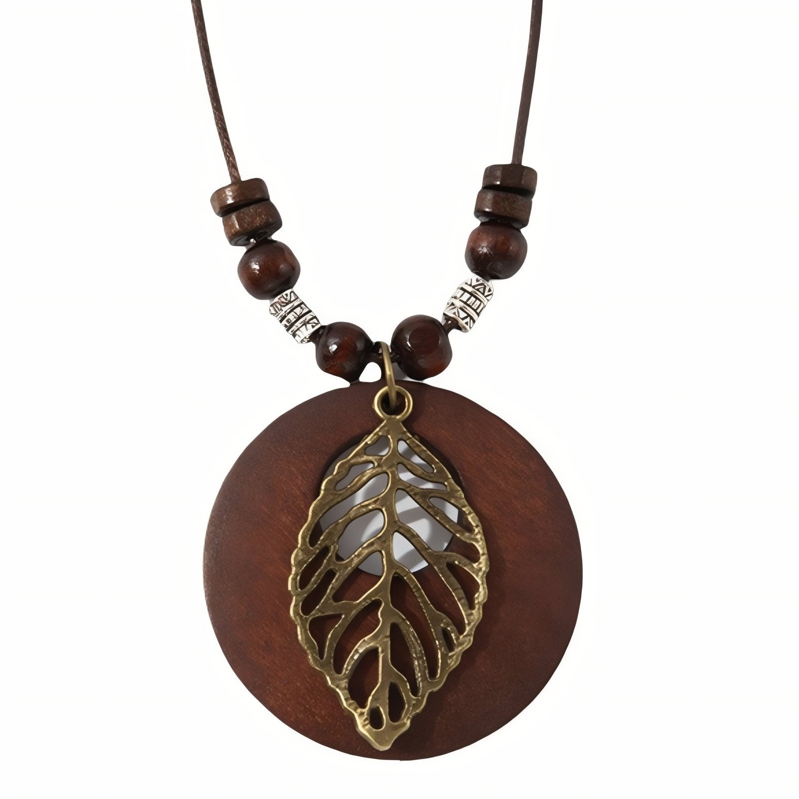 Collier en bois pour femme, avec pendentif rond et feuille ajourée, en alliage métallique, style bohème