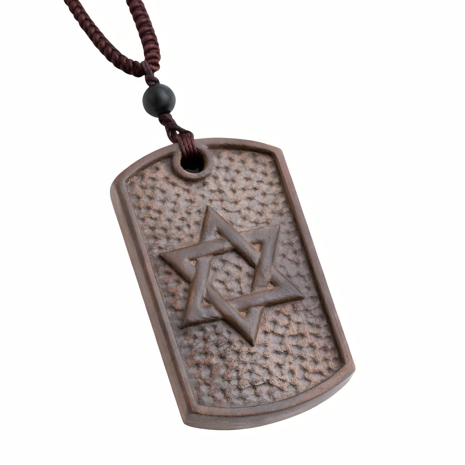 Collier en bois sculpté avec Étoile de David, avec pendentif rectangulaire artisanal