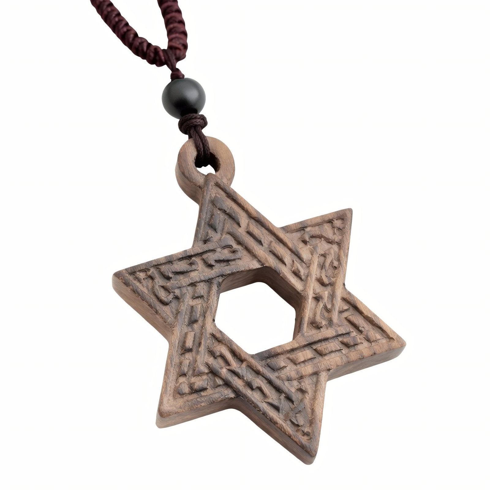 Collier en bois sculpté, avec pendentif Étoile de David et perle, fait main