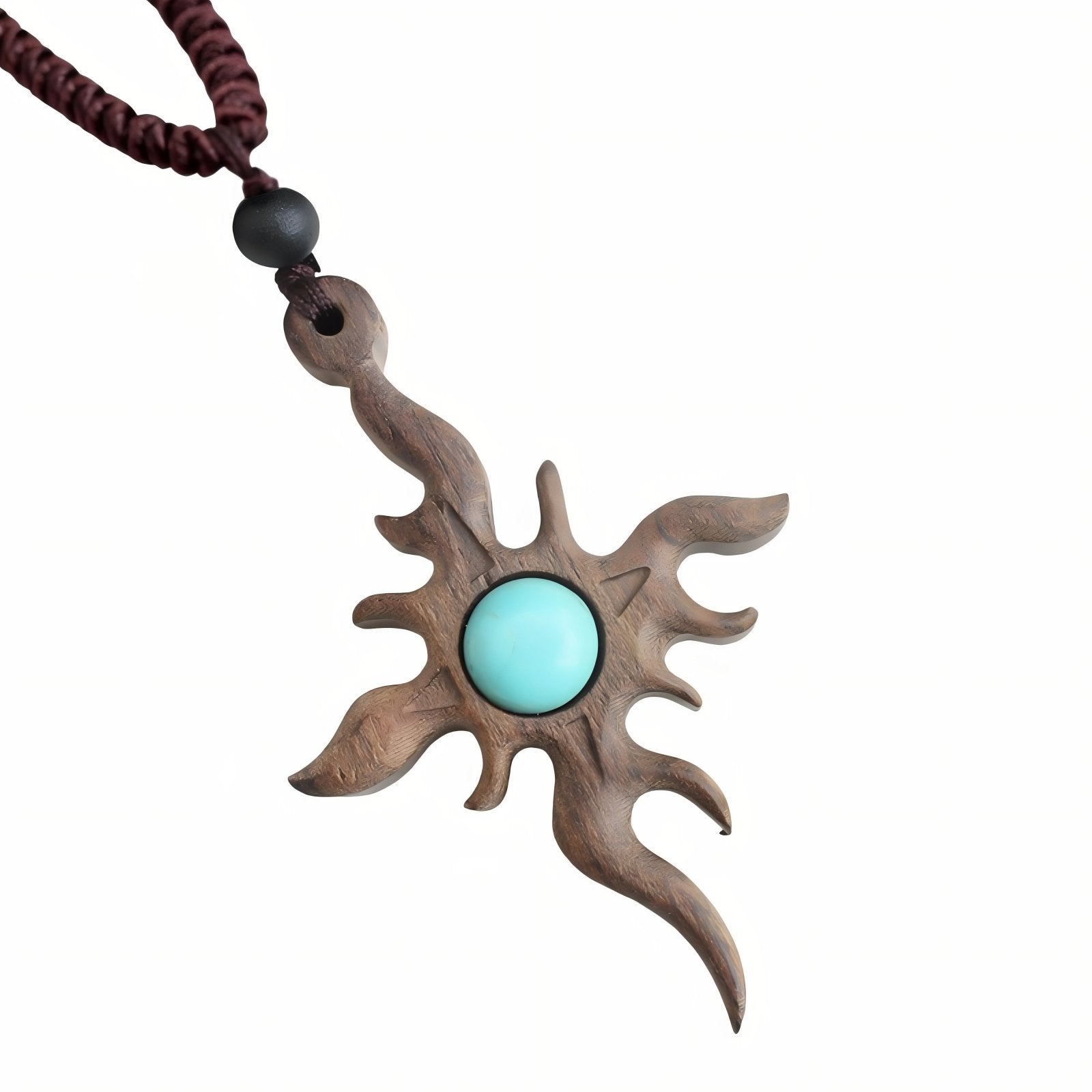 Collier en bois sculpté, avec pendentif soleil incrusté de pierre turquoise, fait main