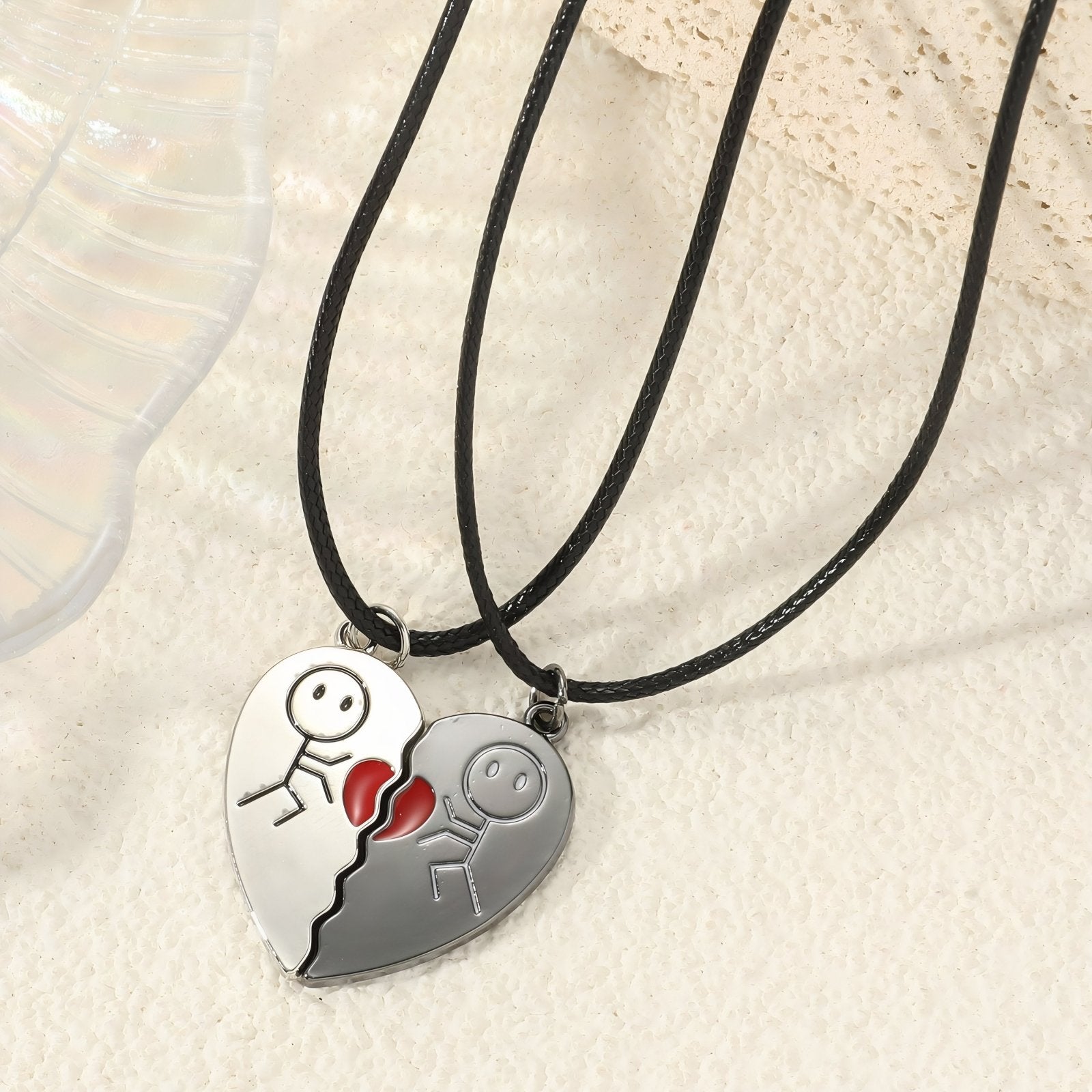 Collier en commun couple, avec cordon noir et pendentif cœur, en alliage métallique
