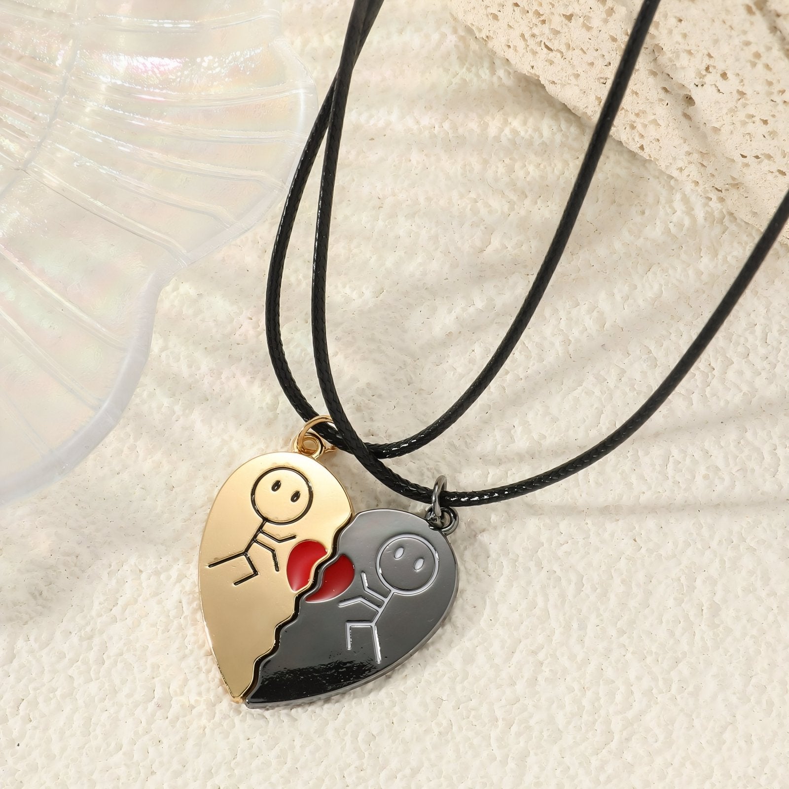 Collier en commun couple, avec cordon noir et pendentif cœur, en alliage métallique