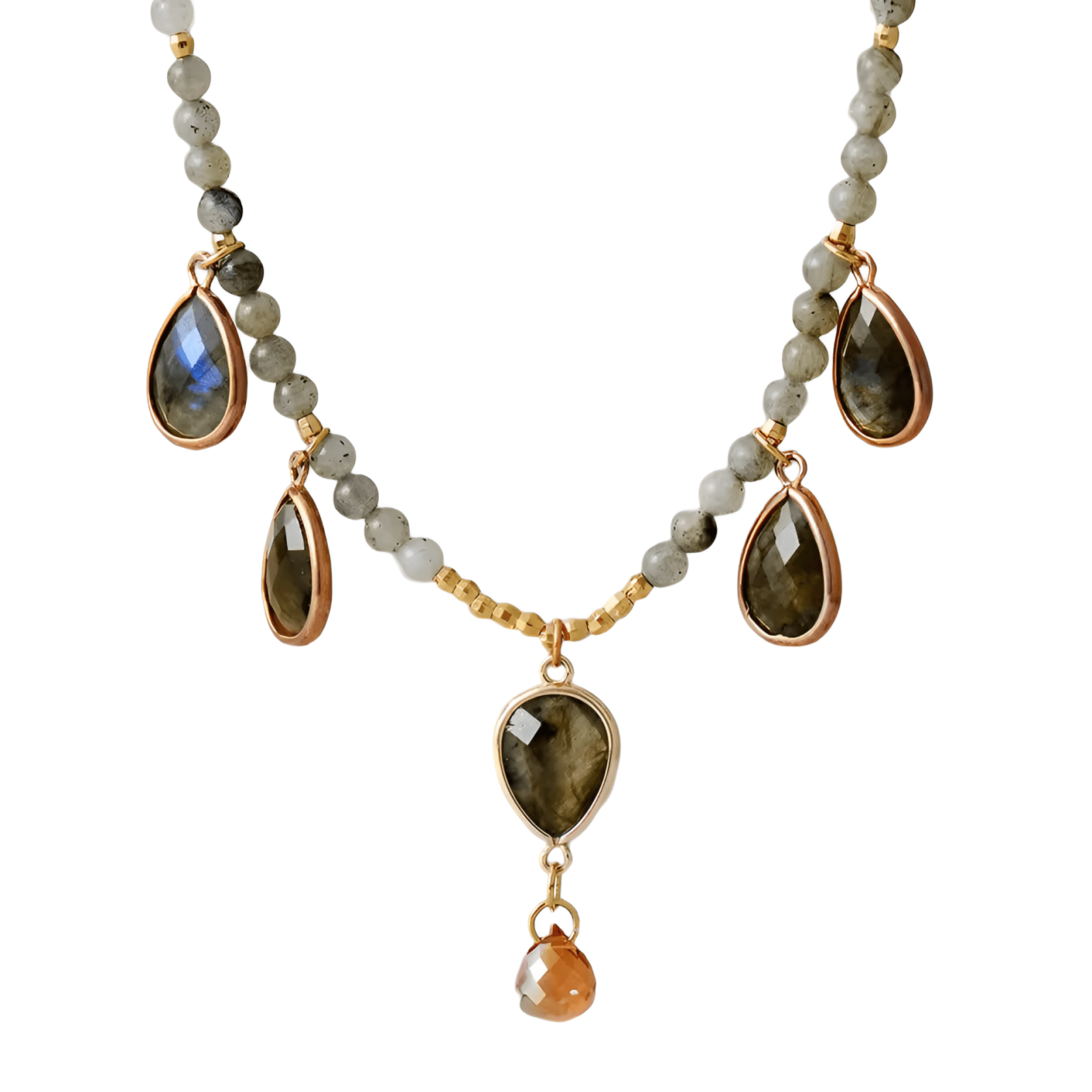 Collier en labradorite, pendentif goutte strassée, style charms pour femme, modèle Cassia