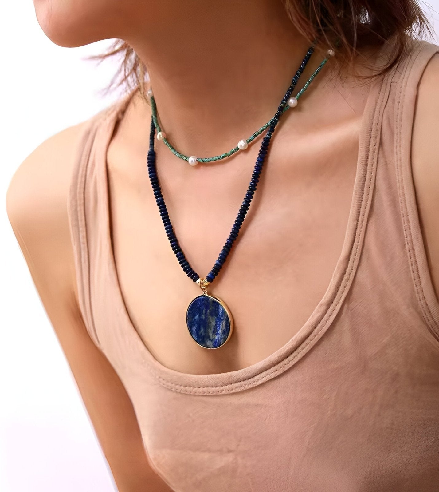 Collier en lapis - lazuli pour femme, maille en petites perles et pendentif rond, pour femme, modèle Denari