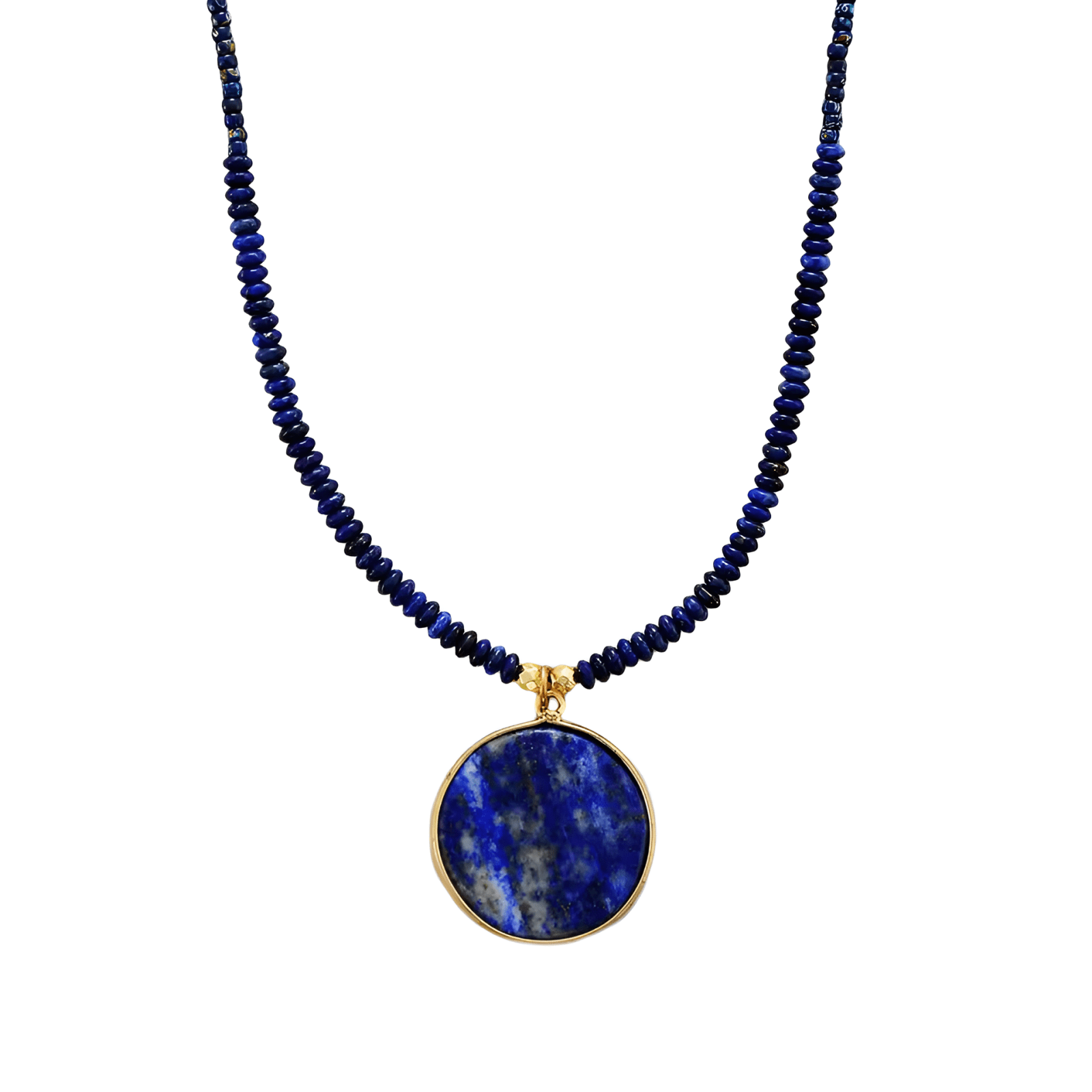 Collier en lapis - lazuli pour femme, maille en petites perles et pendentif rond, pour femme, modèle Denari