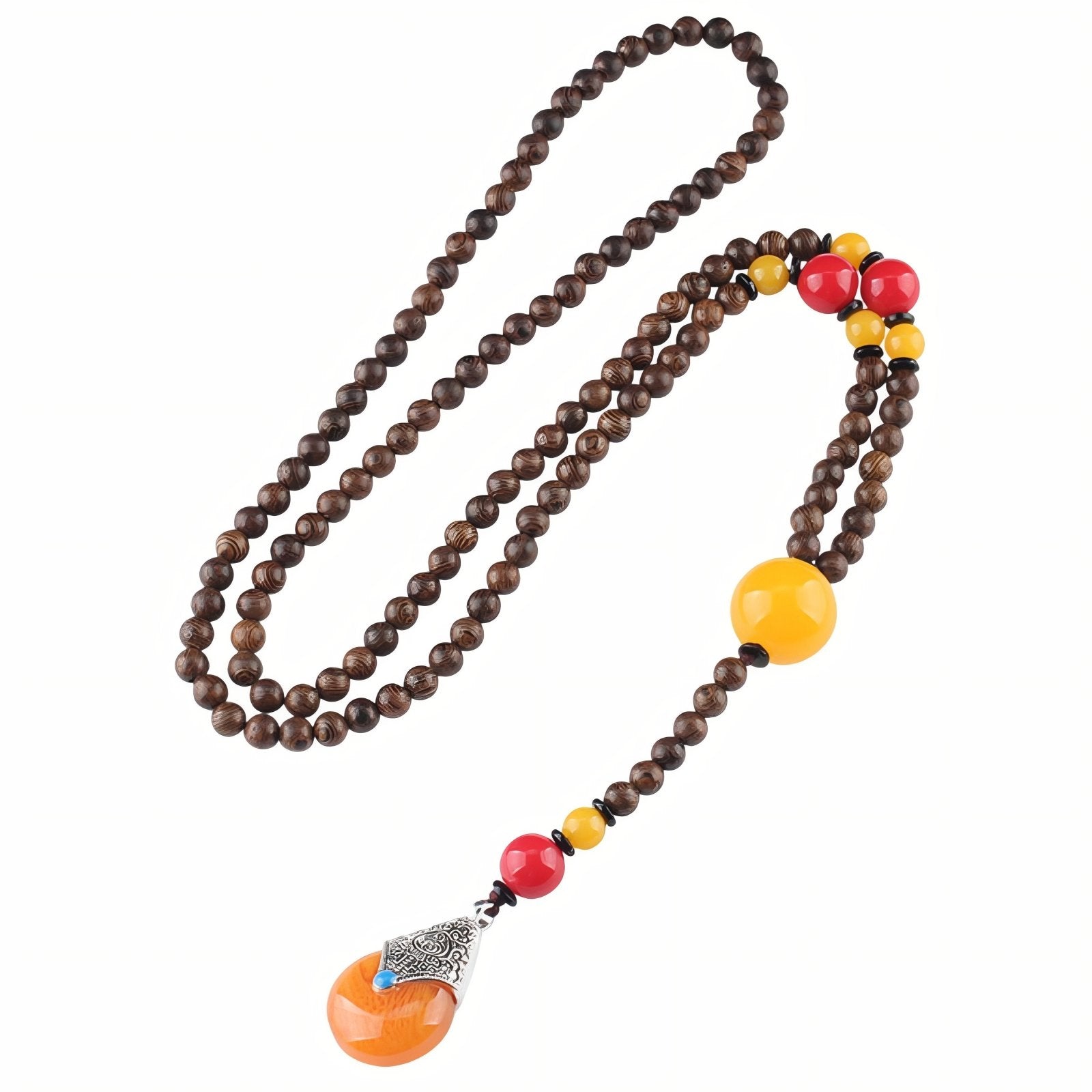 Collier en perle de bois pour femme, avec pendentif goutte orange en résine, fait main