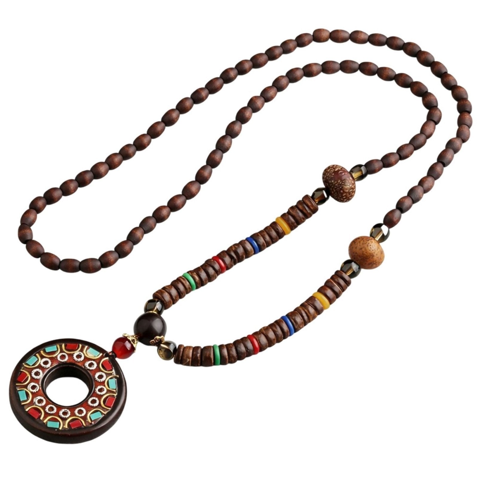 Collier en perles de bois, avec pendentif circulaire multicolore en résine, alliage métallique, style bohème